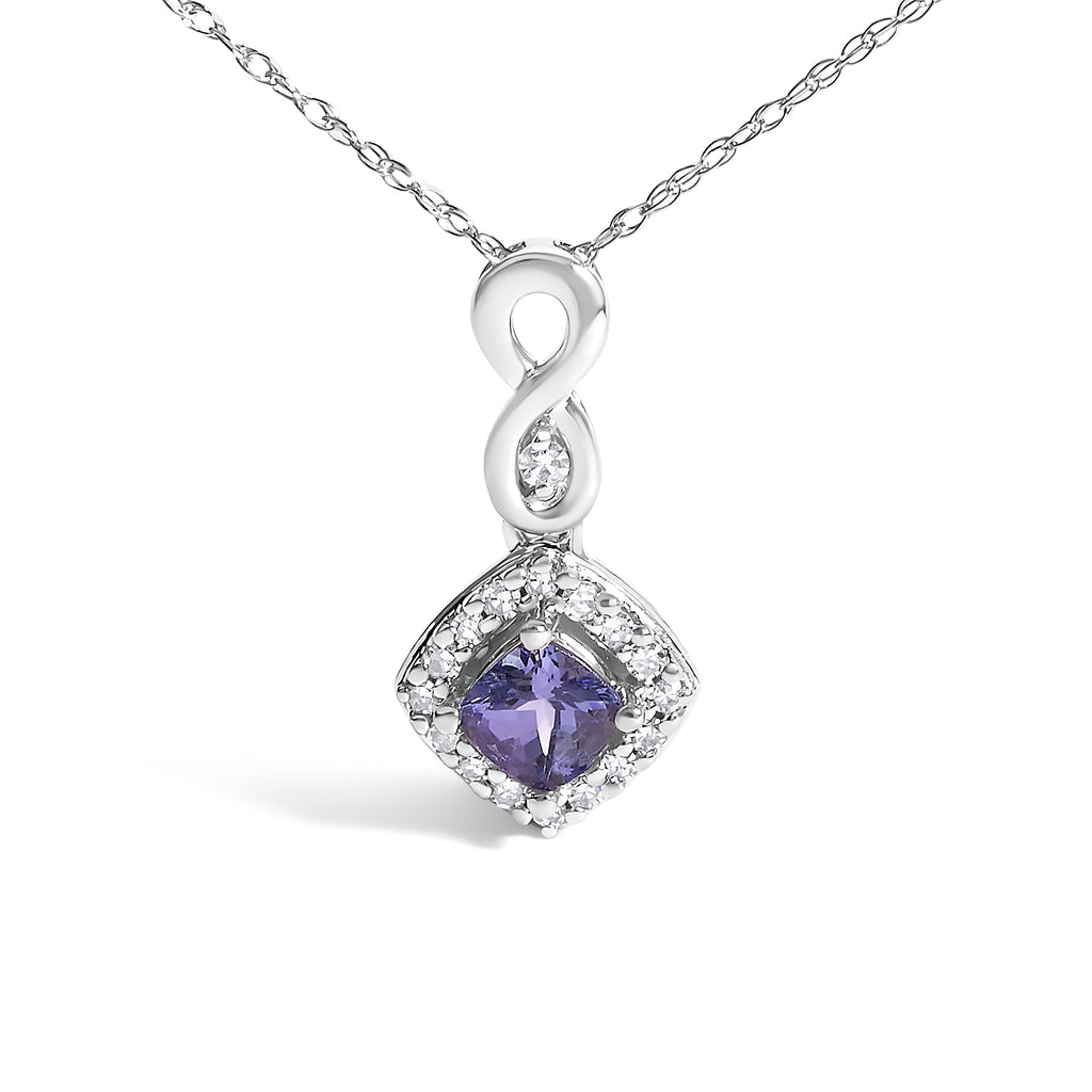 10K White Gold Blue Purple Tanzanite and Diamond Accent Cushion Drop Pendant Necklace - 18"
