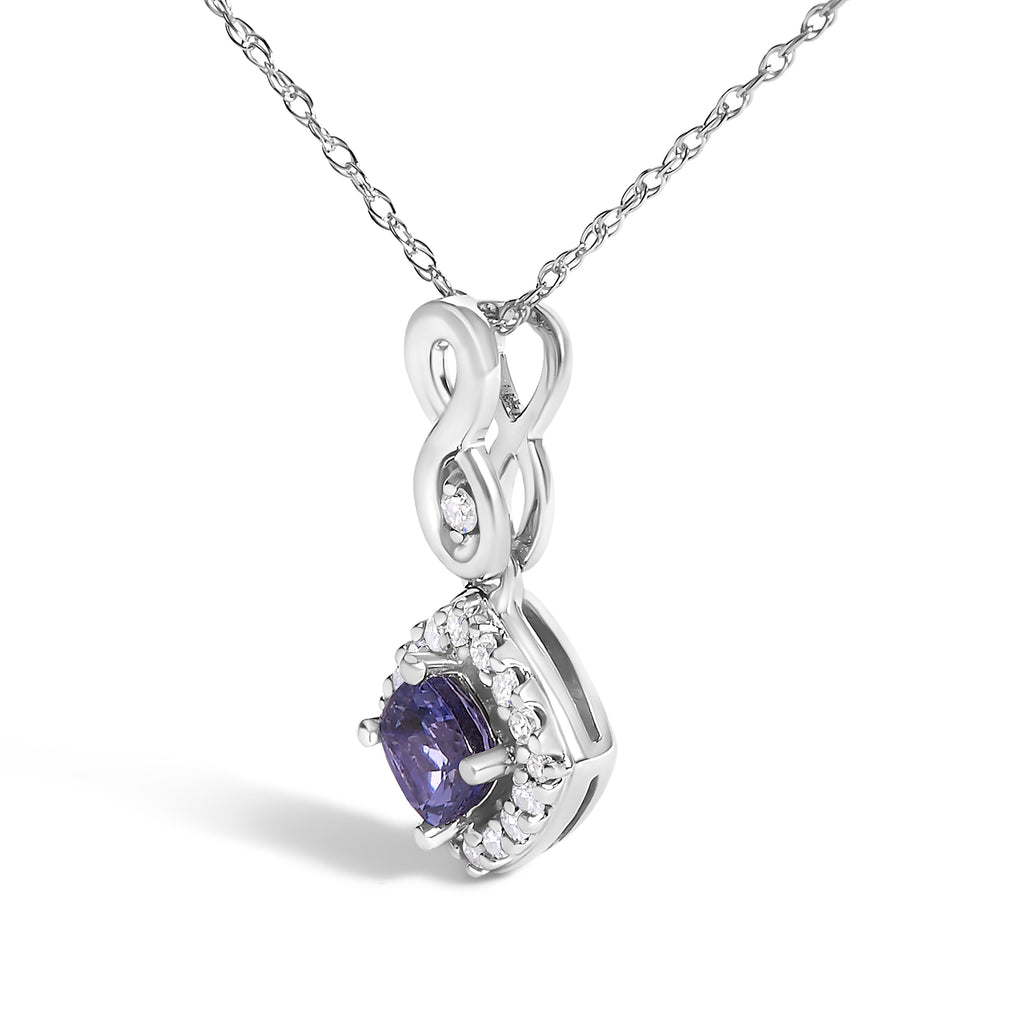 10K White Gold Blue Purple Tanzanite and Diamond Accent Cushion Drop Pendant Necklace - 18"