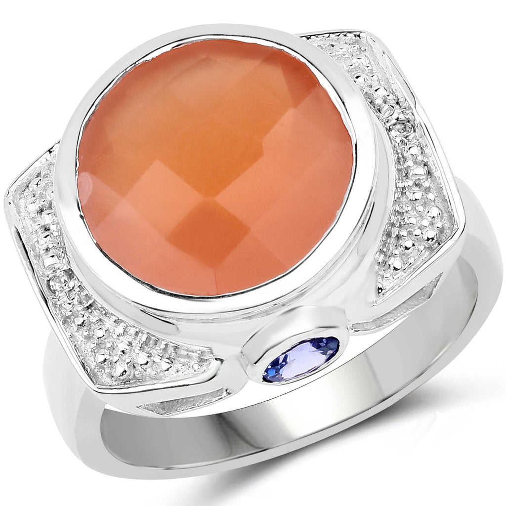 5.99 Carat Genuine Peach Moonstone, Tanzanite, and White Topaz .925 Sterling Silver Ring