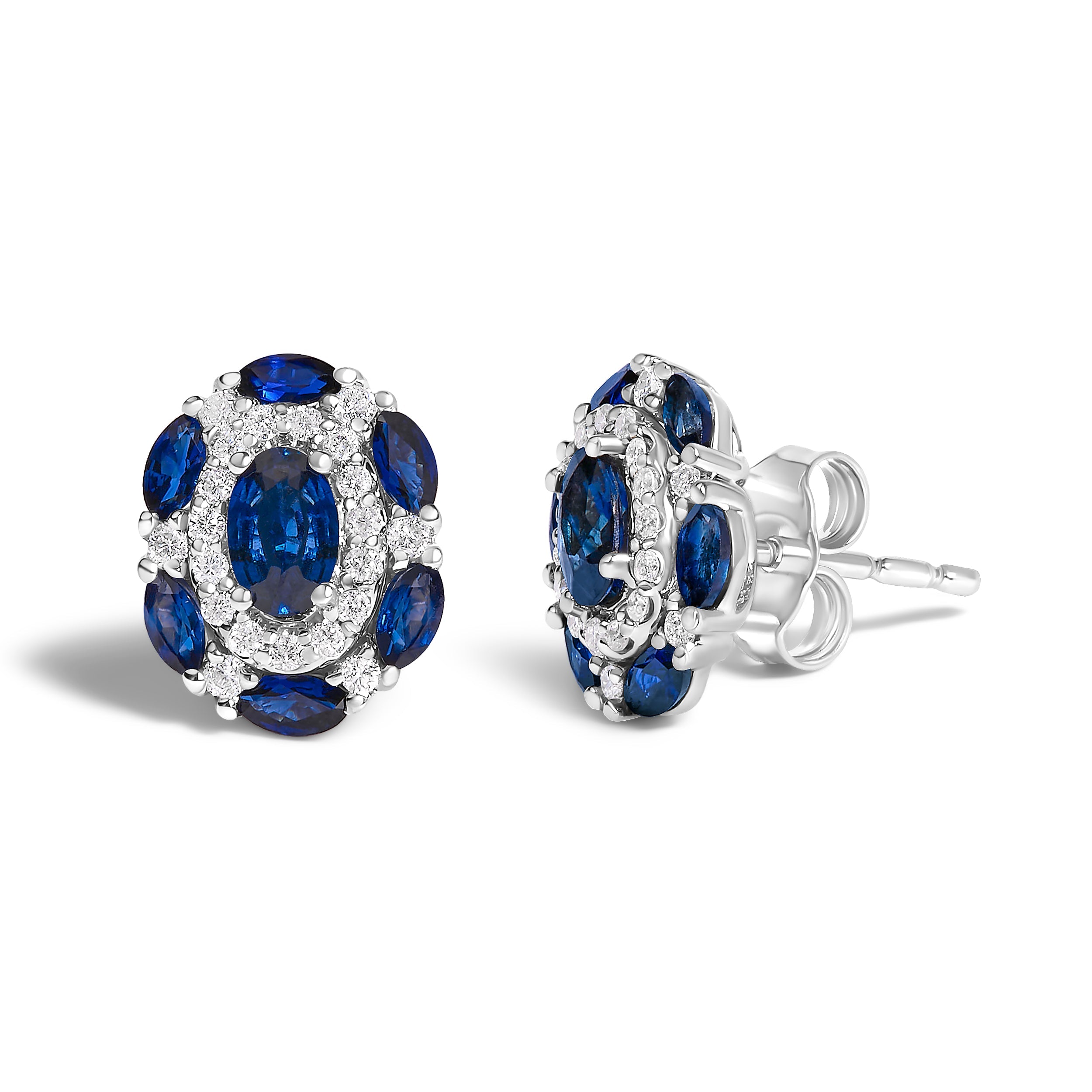 14K White Gold Blue Sapphire and Diamond Vintage Style Stud Earrings (G-H Color, SI2-I1 Clarity)