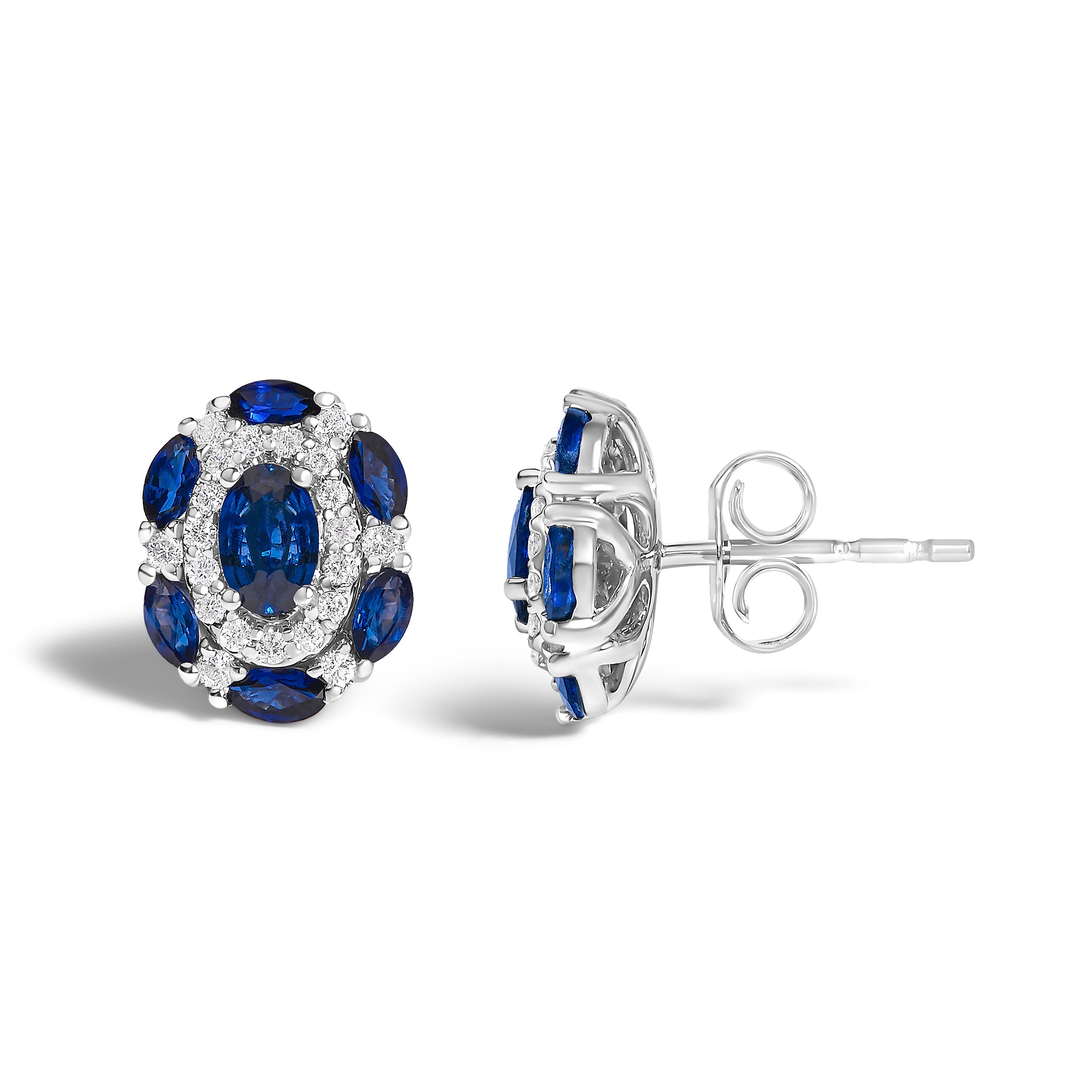 14K White Gold Blue Sapphire and Diamond Vintage Style Stud Earrings (G-H Color, SI2-I1 Clarity)