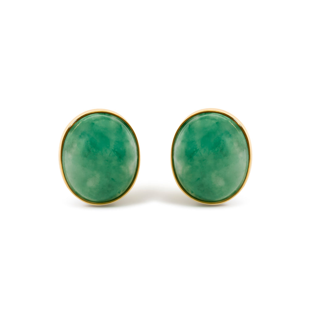 18K Yellow Gold 12x10 MM Bezel Set Oval Green Aventurine Stud Earrings