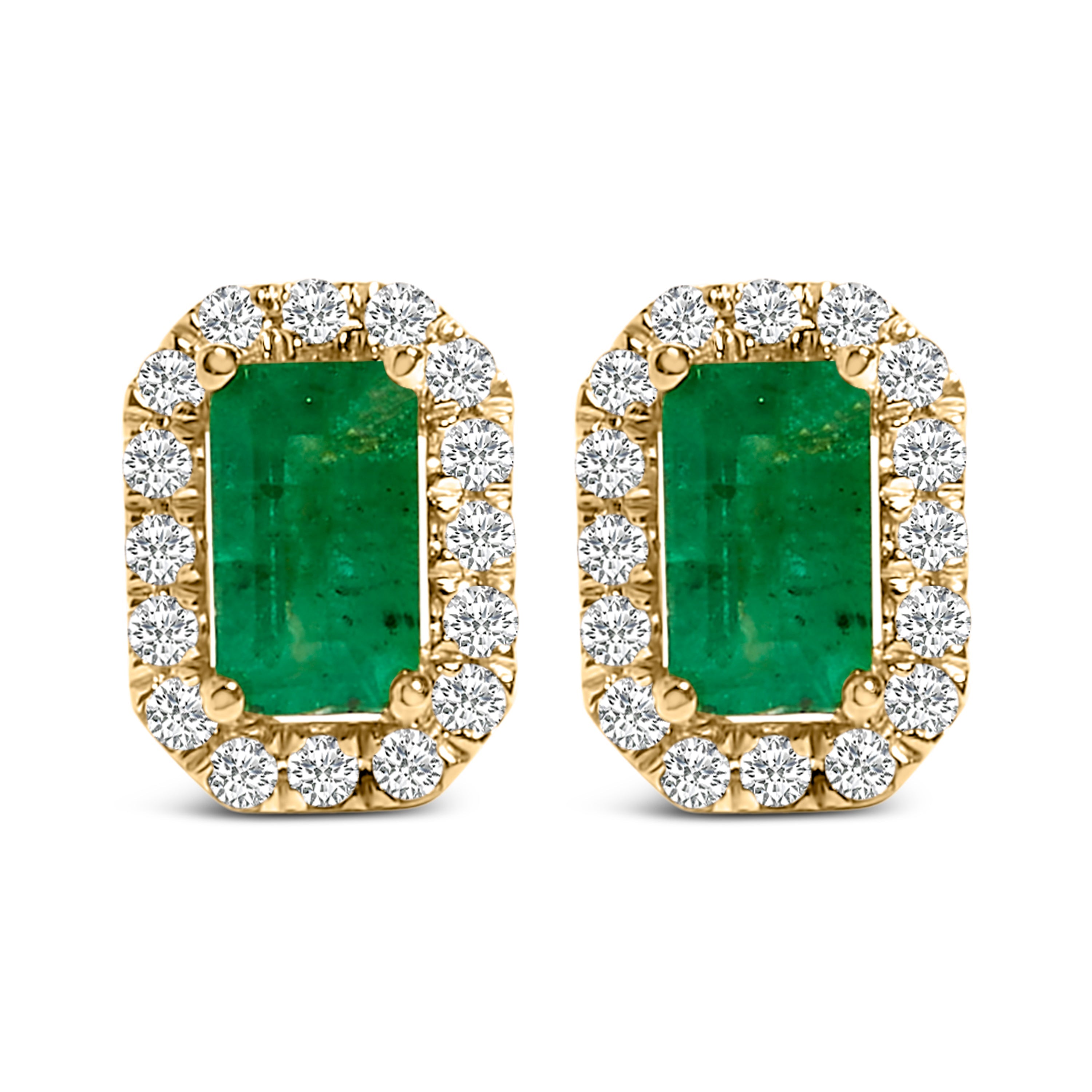 14K Yellow Gold Green Emerald and 1/8 Cttw Diamond Halo Octagonal Shaped Stud Earrings (I-J Color, I1-I2 Clarity)