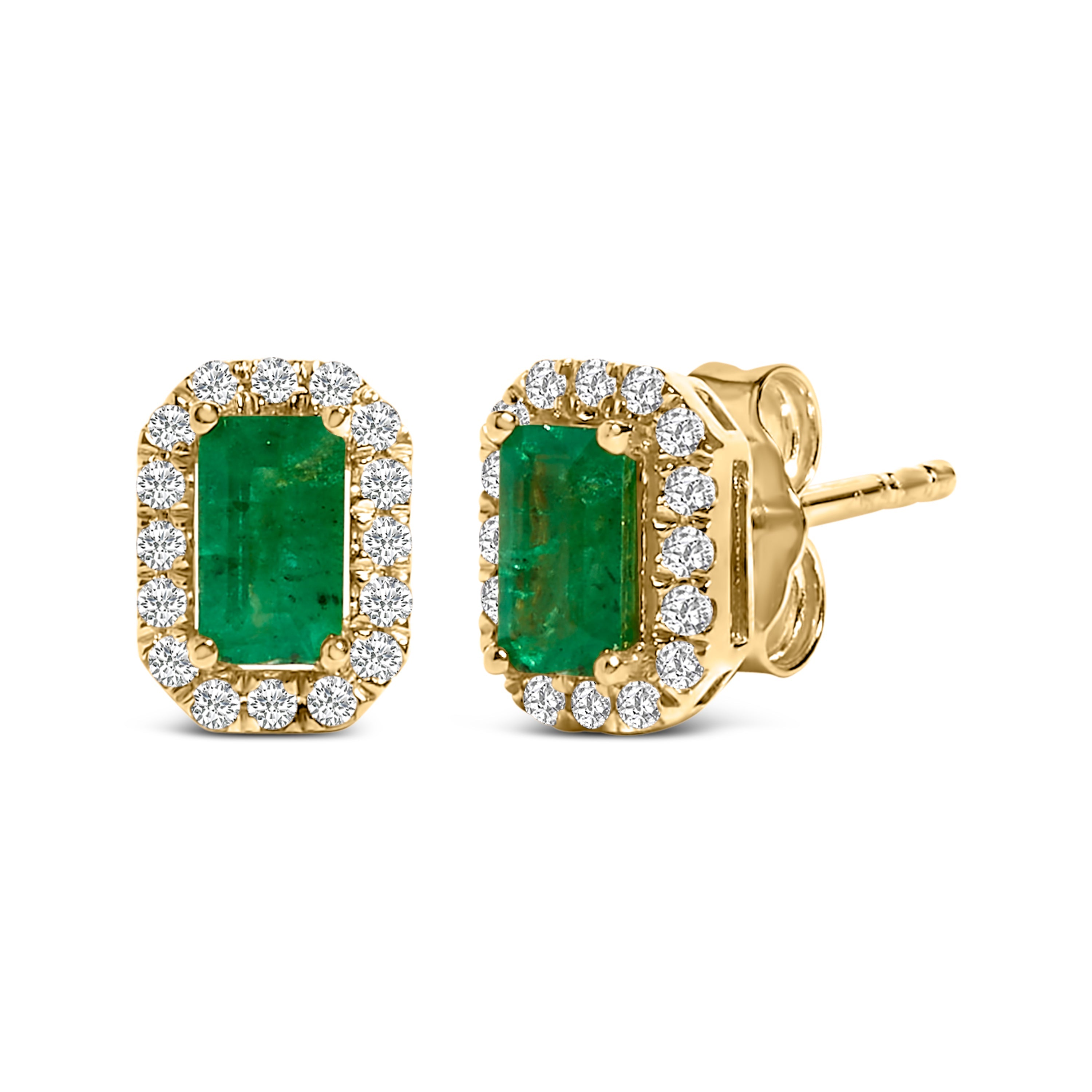 14K Yellow Gold Green Emerald and 1/8 Cttw Diamond Halo Octagonal Shaped Stud Earrings (I-J Color, I1-I2 Clarity)