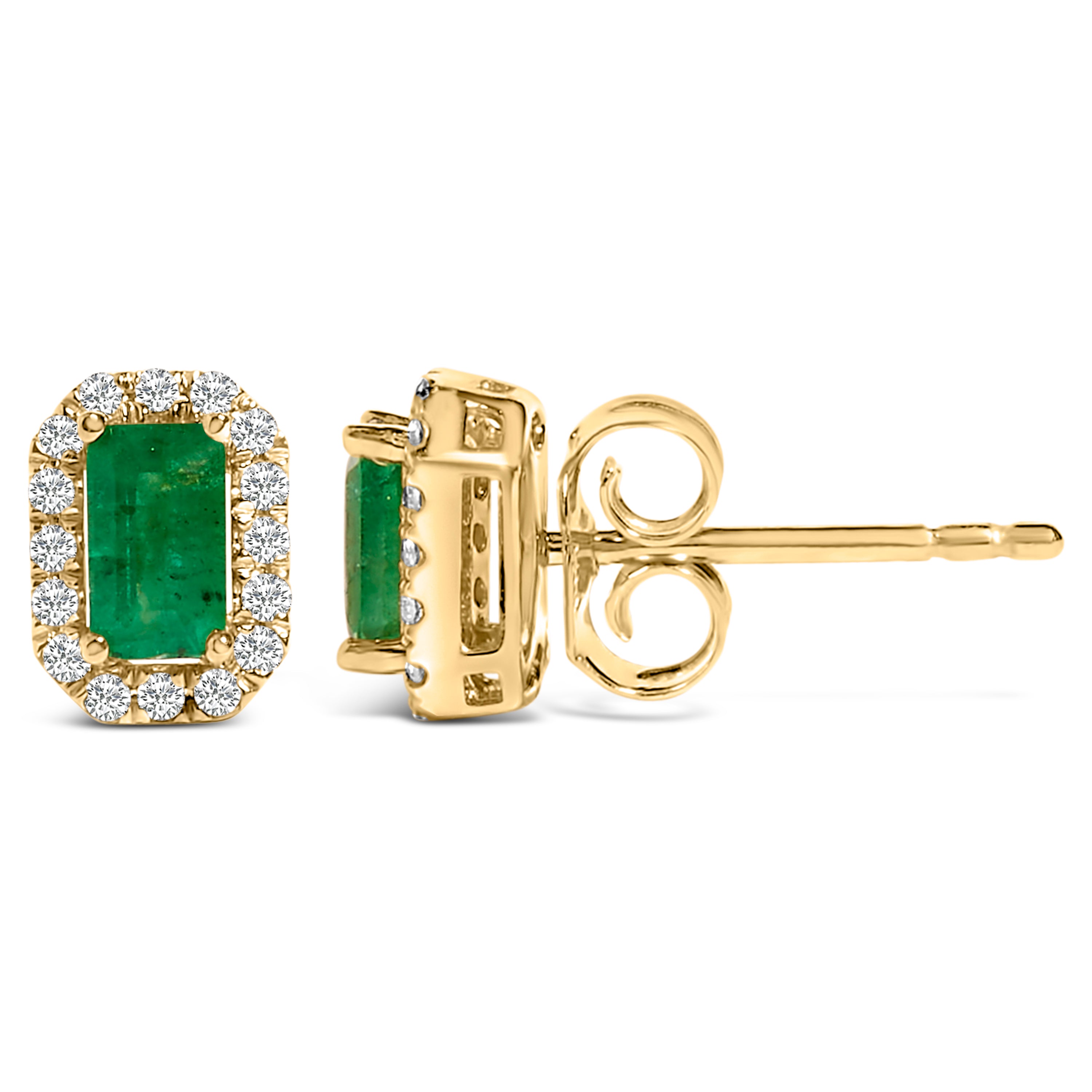 14K Yellow Gold Green Emerald and 1/8 Cttw Diamond Halo Octagonal Shaped Stud Earrings (I-J Color, I1-I2 Clarity)