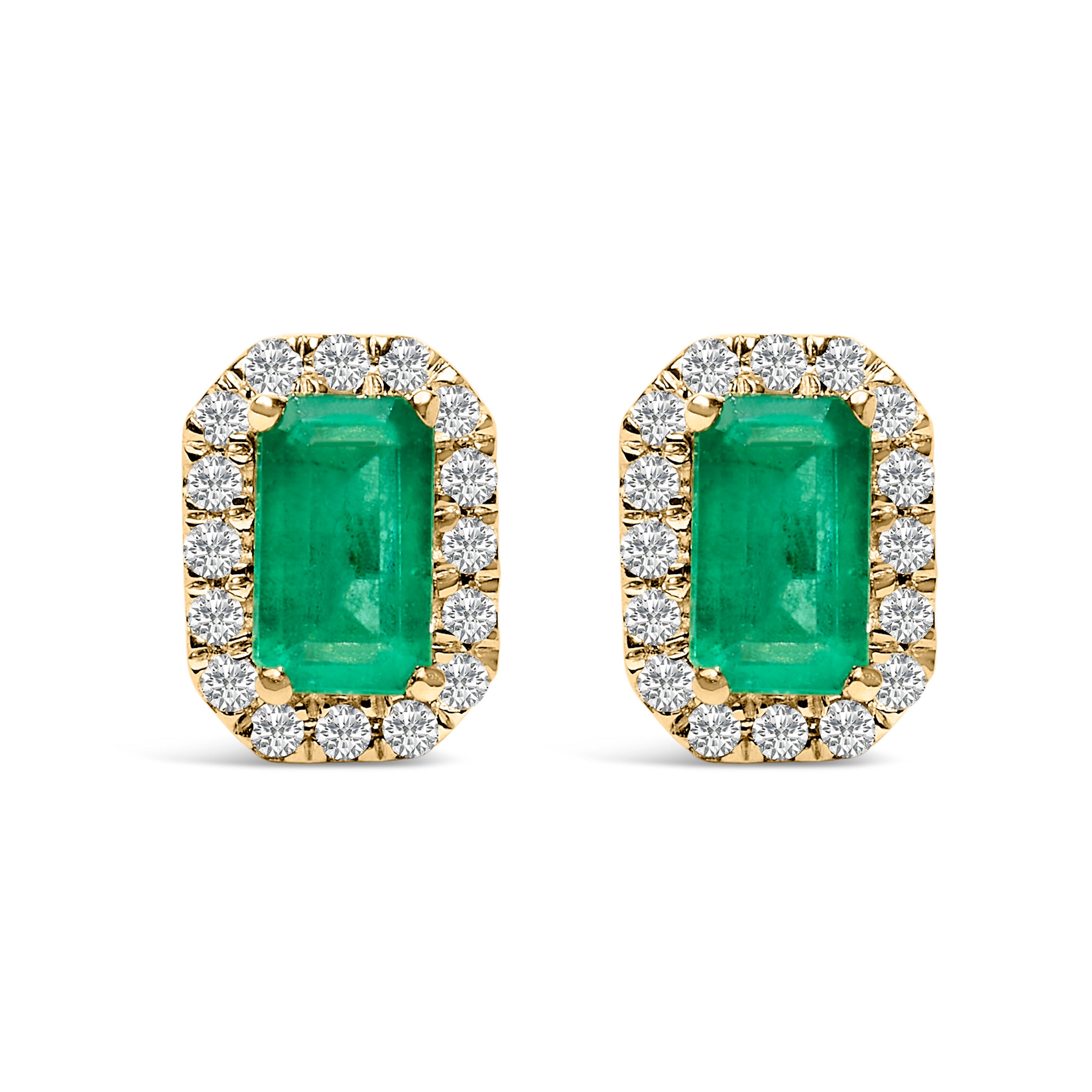 10K Yellow Gold 5x3mm Emerald-Cut Green Emerald and 1/7 Cttw Diamond Halo Octagonal Stud Earrings (I-J Color, I1-I2 Clarity)