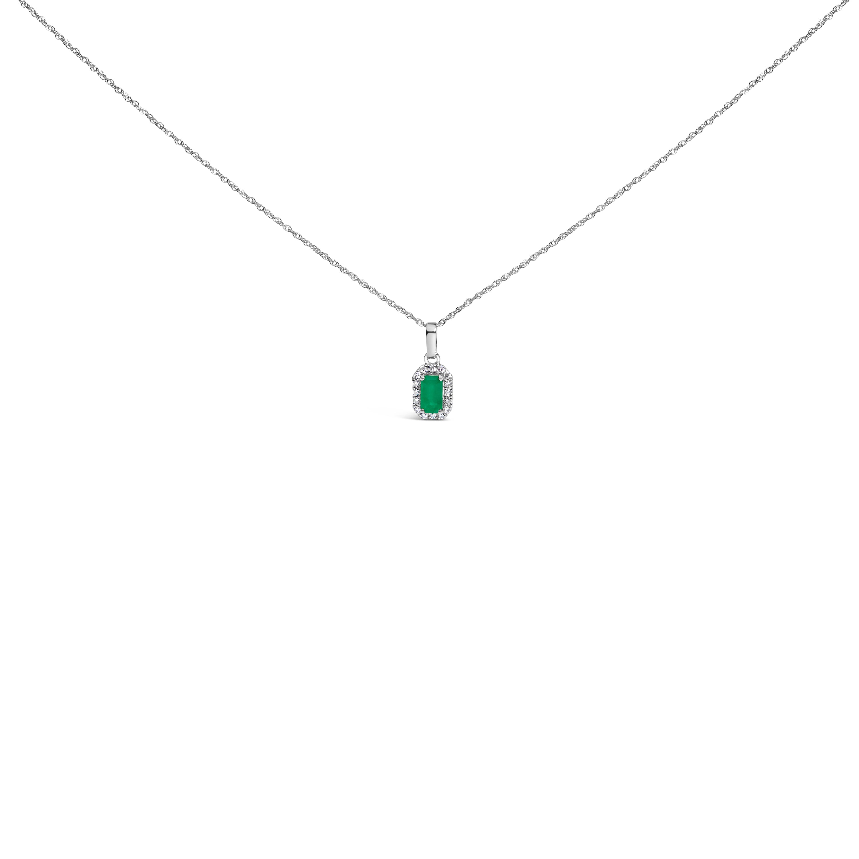 10K White Gold 5x3mm Green Emerald and Diamond Accent Halo Octagonal Shape 18" Pendant Necklace (I-J Color, I1-I2 Clarity)