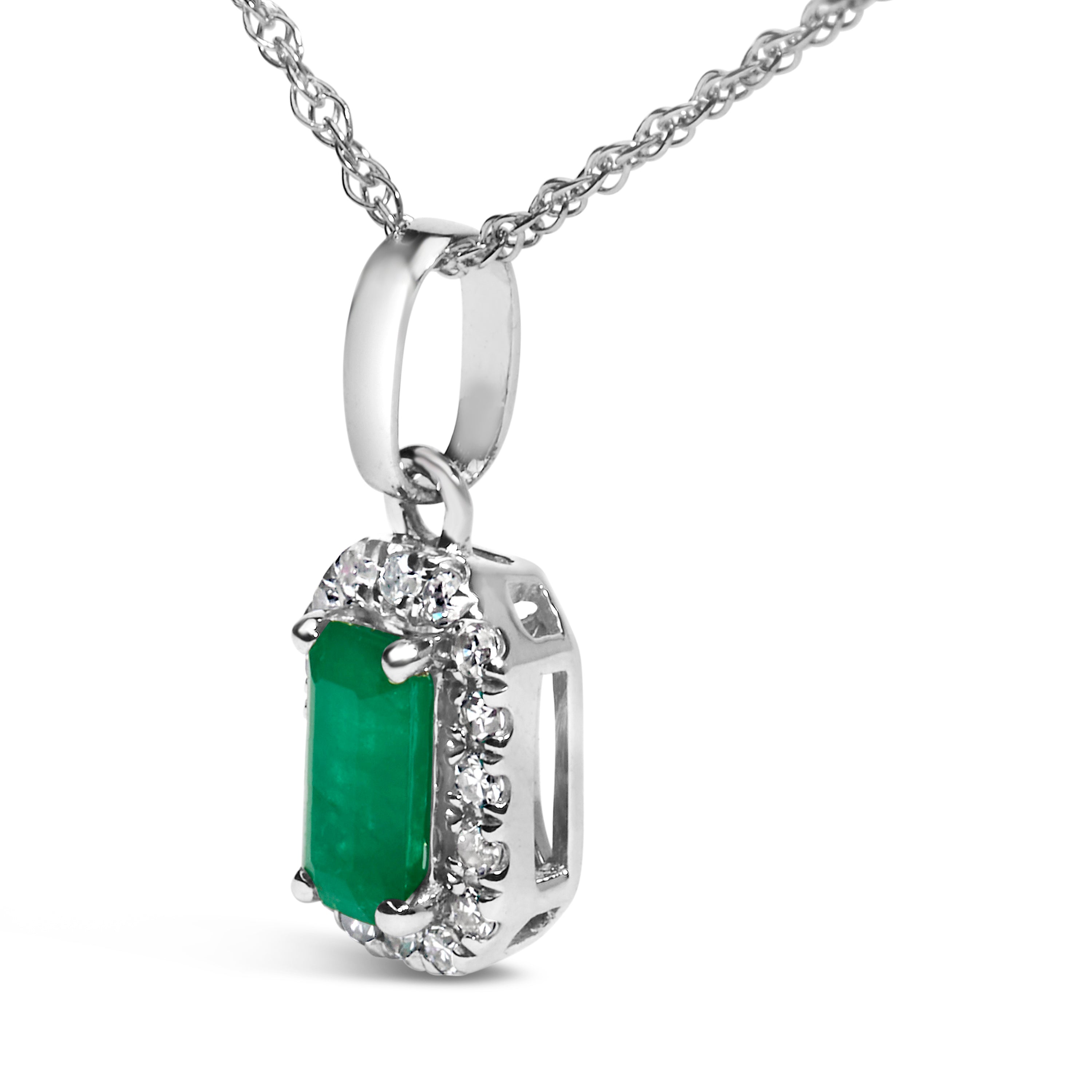 10K White Gold 5x3mm Green Emerald and Diamond Accent Halo Octagonal Shape 18" Pendant Necklace (I-J Color, I1-I2 Clarity)