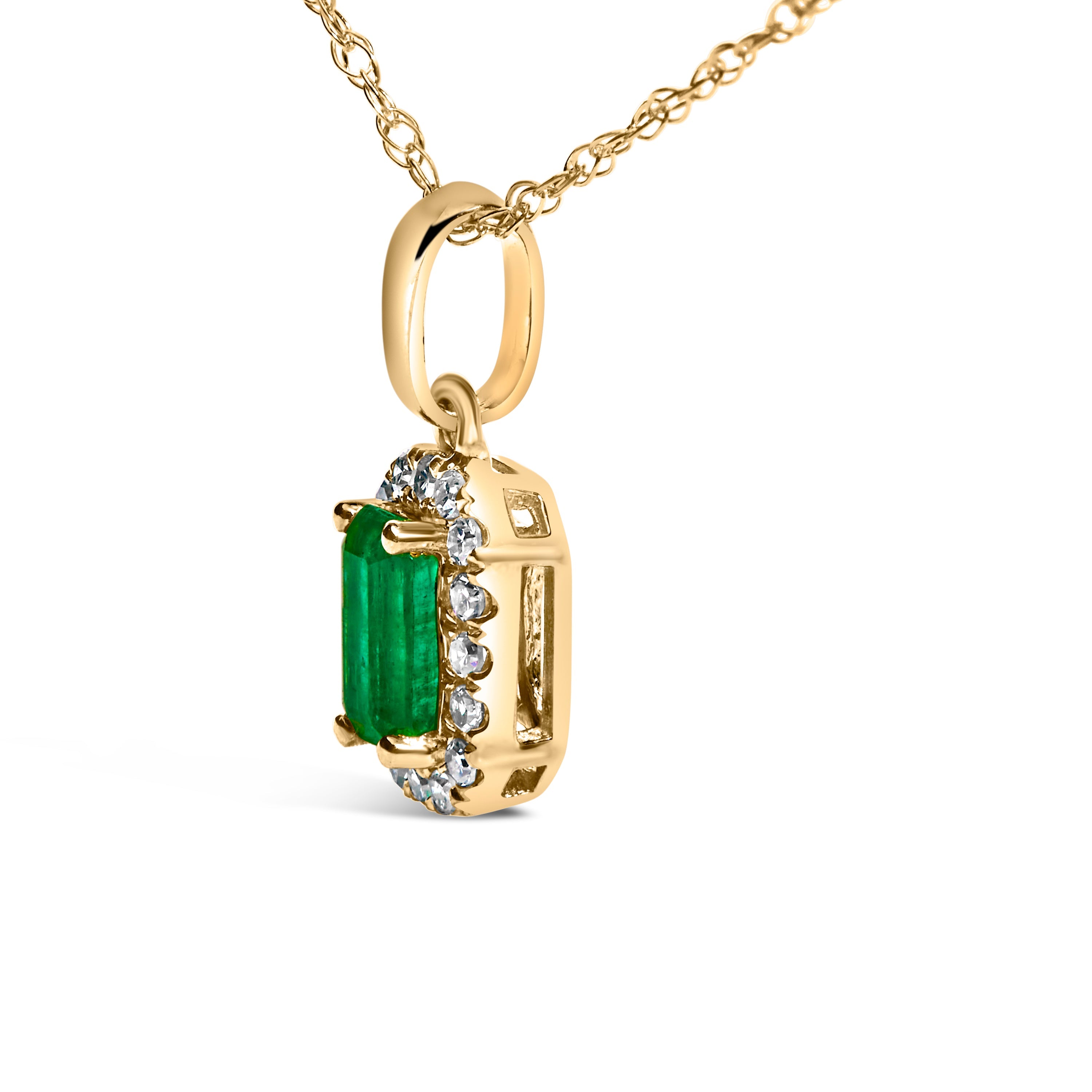 10K Yellow Gold 5x3mm Green Emerald and Diamond Accent Halo Octagonal Shape 18" Pendant Necklace (I-J Color, I1-I2 Clarity)