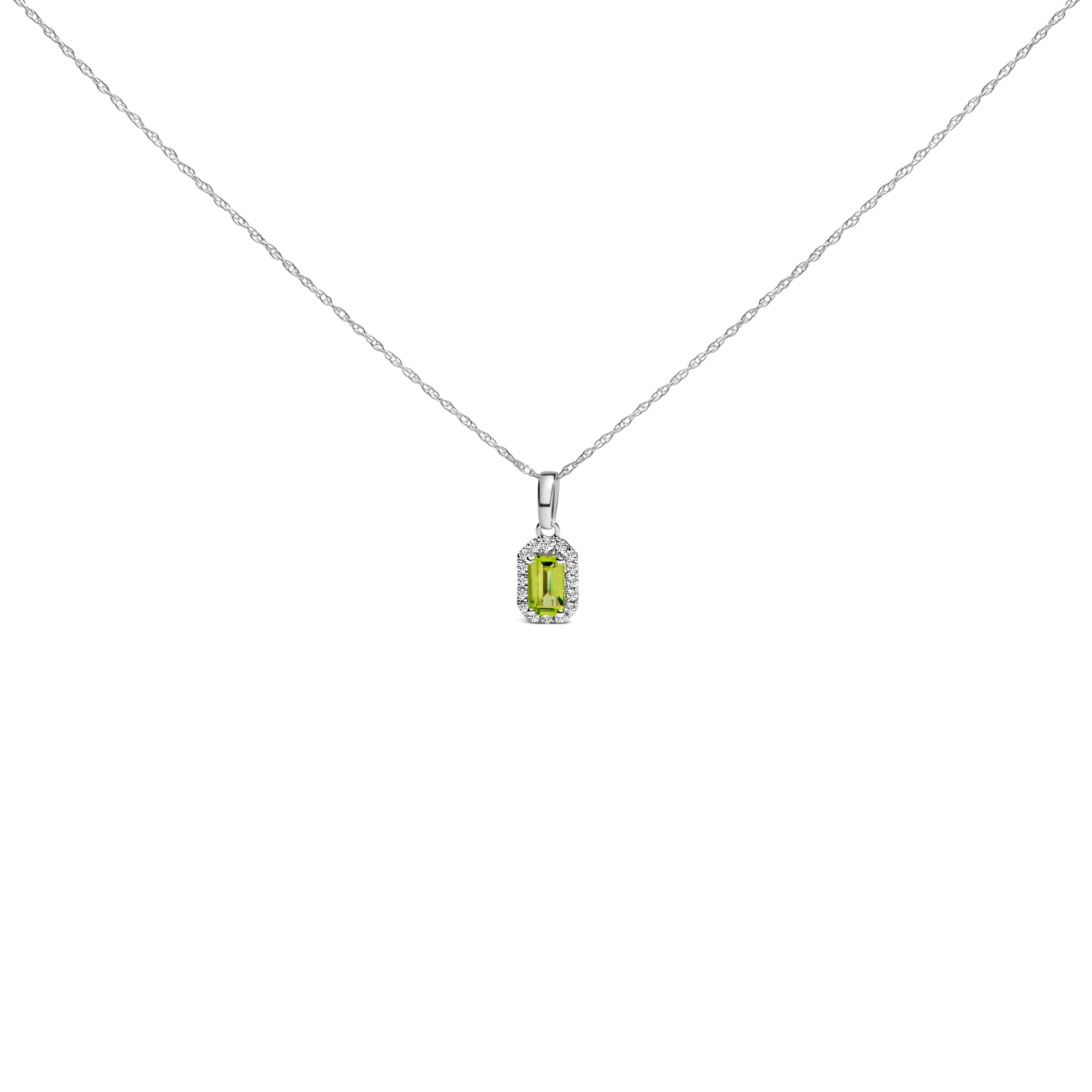 10K White Gold 5x3mm Green Emerald and Diamond Accent Halo Octagonal Shape 18" Pendant Necklace (I-J Color, I1-I2 Clarity)