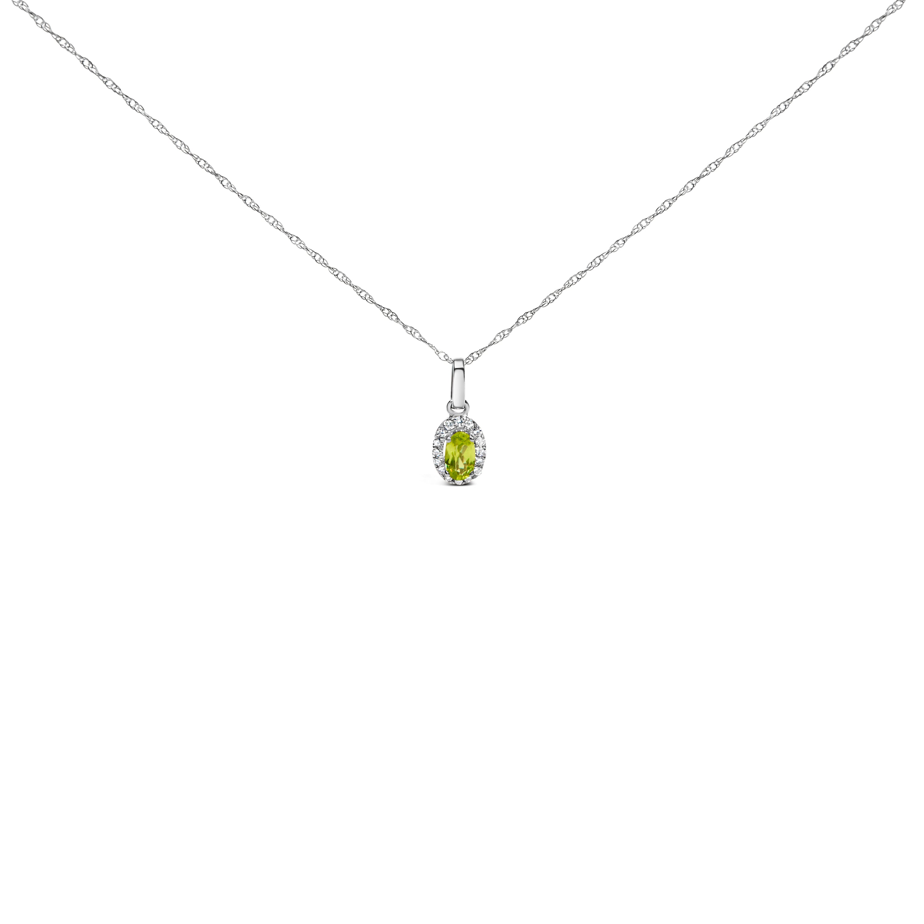 10K White Gold 5x3mm Green Emerald and Diamond Accent Halo Oval Shape 18" Pendant Necklace (I-J Color, I1-I2 Clarity)