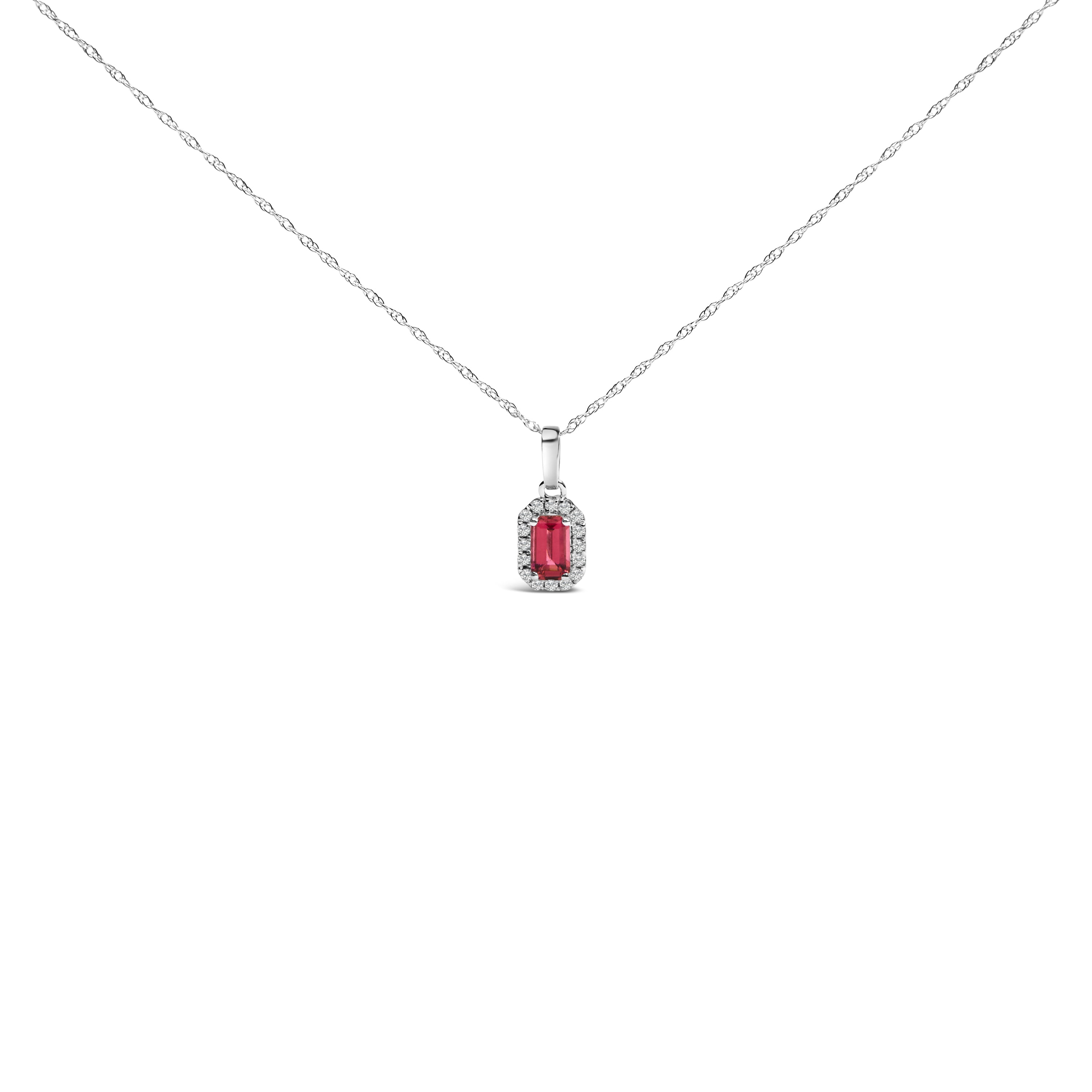 10K White Gold 5x3mm Green Emerald and Diamond Accent Halo Octagonal Shape 18" Pendant Necklace (I-J Color, I1-I2 Clarity)