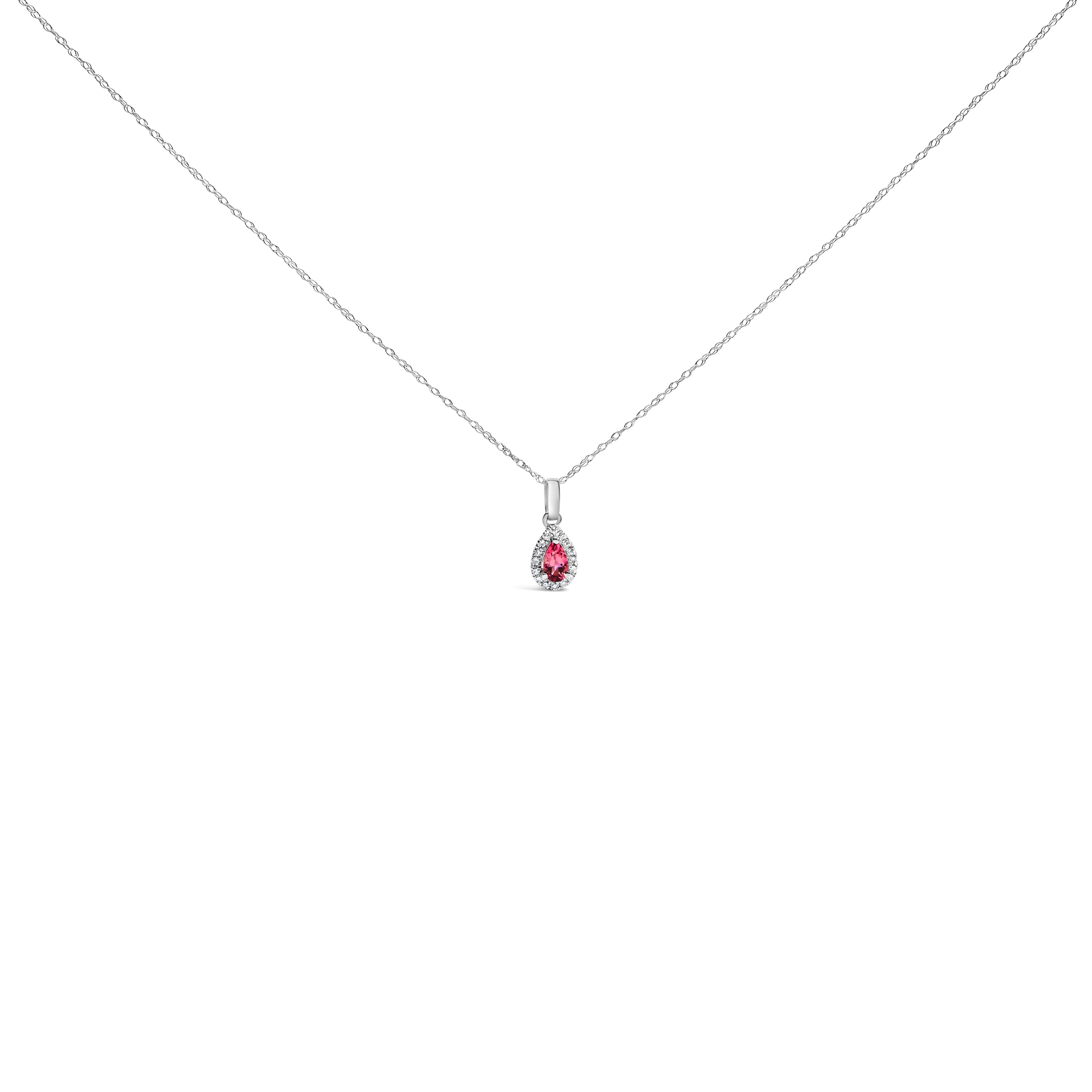10K White Gold 5x3mm Green Emerald and Diamond Accent Halo Pear Shape 18" Pendant Necklace (I-J Color, I1-I2 Clarity)