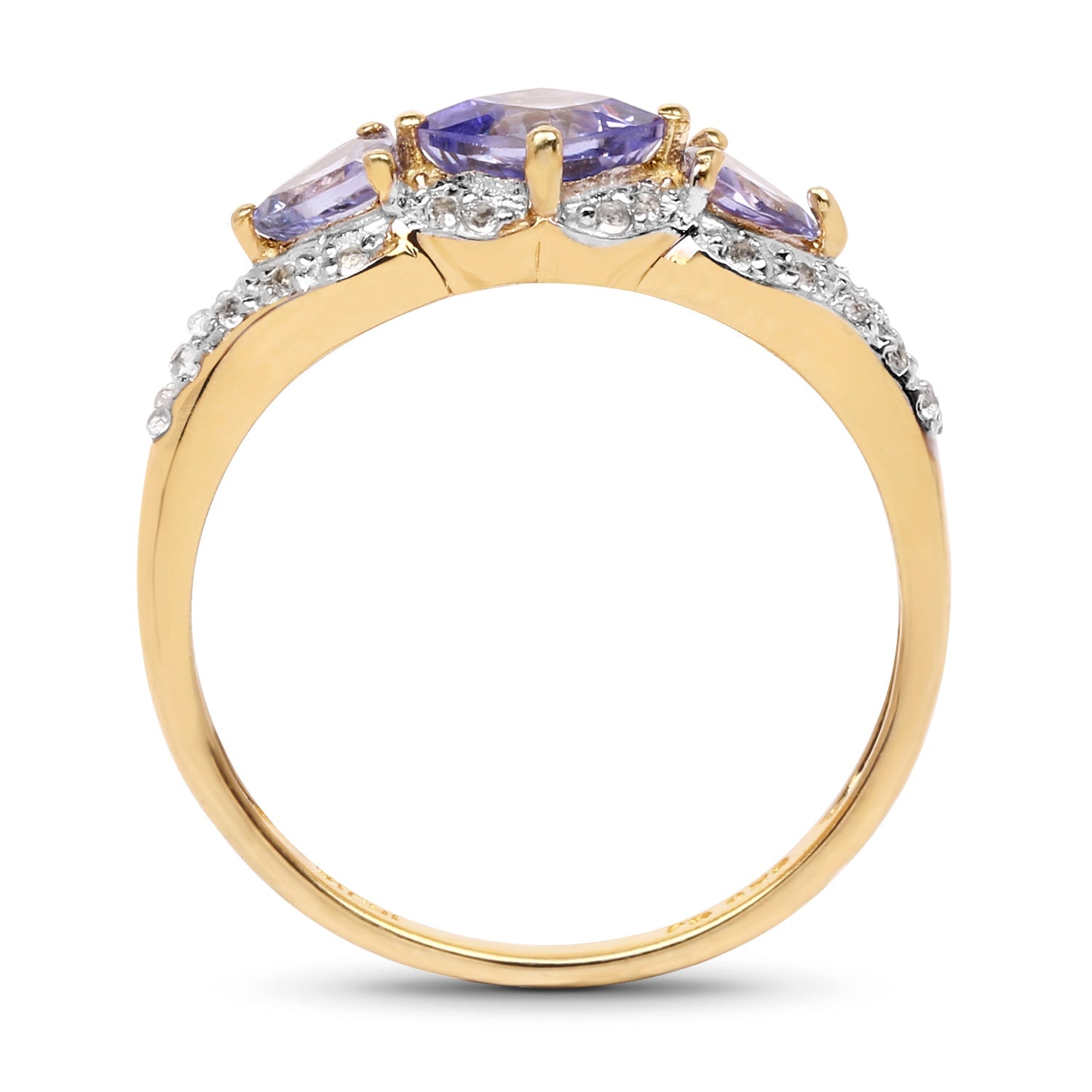 14K Yellow Gold Plated 1.20 Carat Genuine Tanzanite & White Topaz .925 Sterling Silver Ring