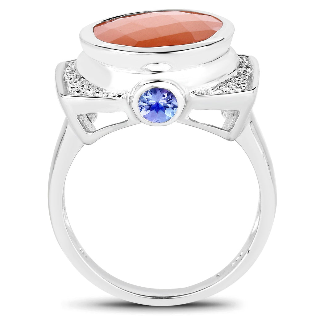 5.99 Carat Genuine Peach Moonstone, Tanzanite, and White Topaz .925 Sterling Silver Ring