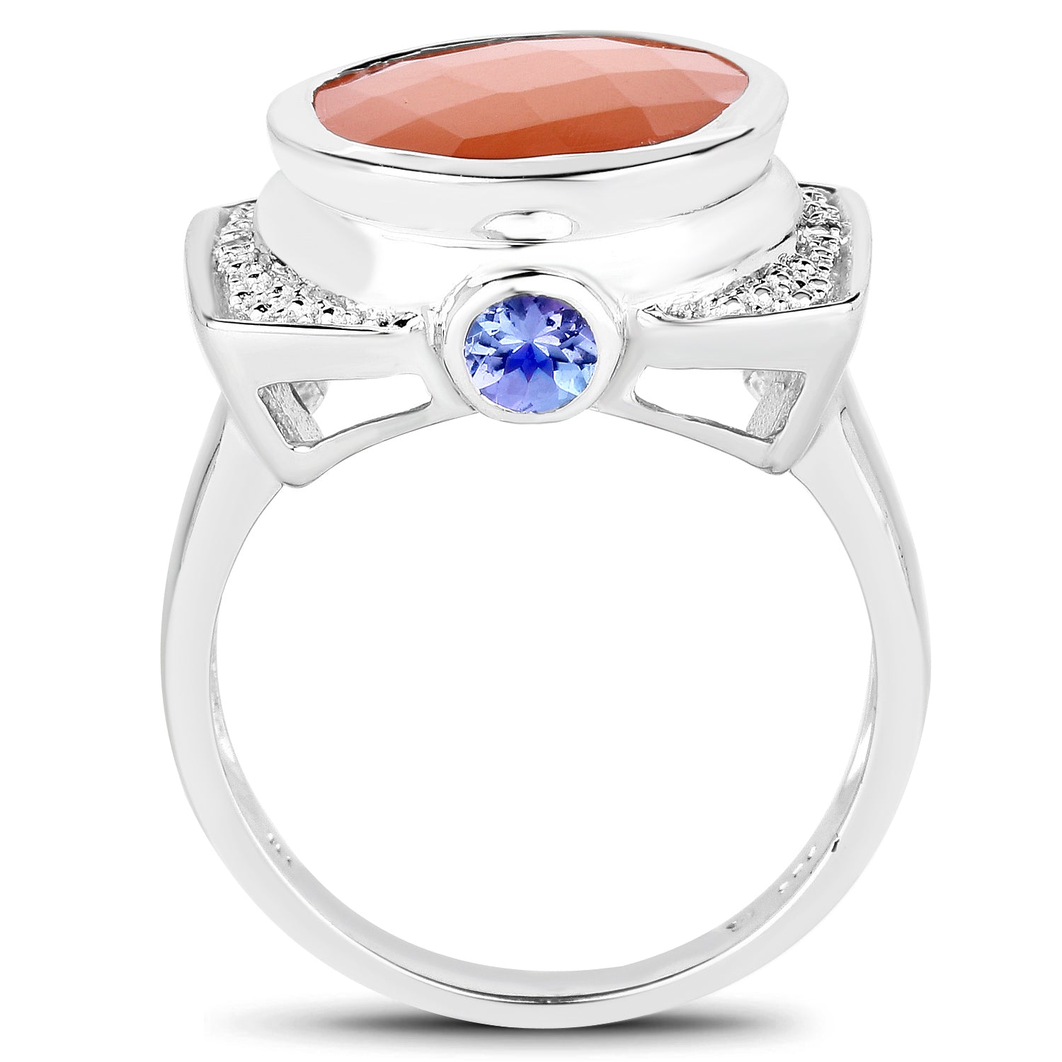 5.99 Carat Genuine Peach Moonstone, Tanzanite, and White Topaz .925 Sterling Silver Ring