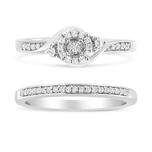 .925 Sterling Silver 1/4 Cttw Diamond Halo and Swirl Engagement Ring and Wedding Band Set (I-J Color, I3 Clarity) - Ring Size 7