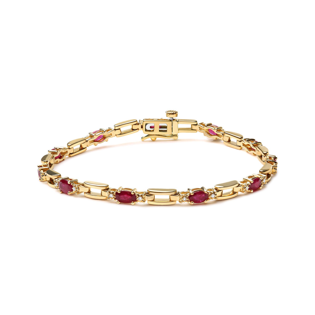 10K Yellow Gold Oval Ruby and 1/10 Cttw Diamond Bar Prong Set Bracelet (H-I Color, SI1-SI2 Clarity) - 7" Length