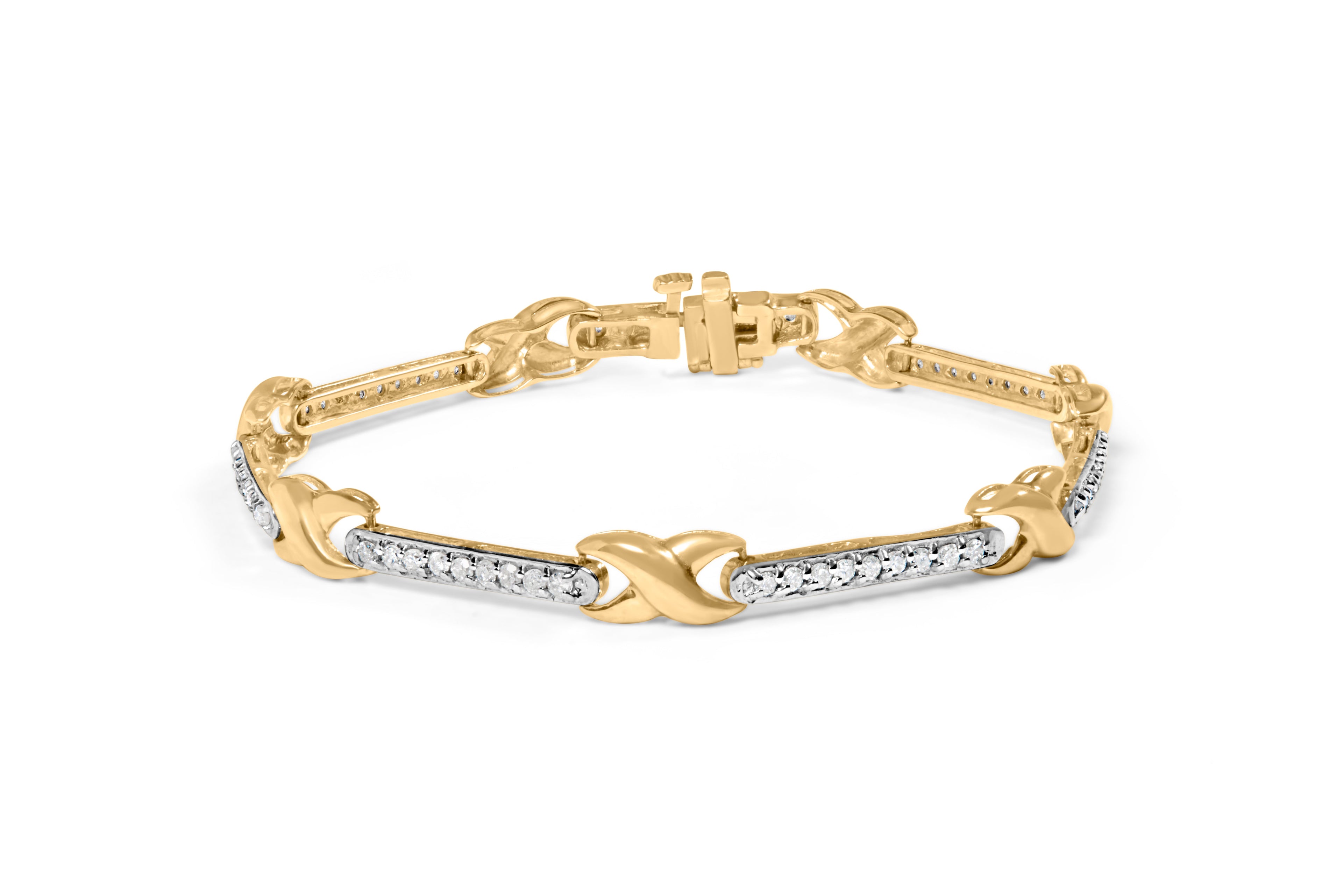10K Yellow Gold 1.00 Carat Total Weight Pave Set Diamond Bar and X-Link 7" Bracelet (I-J Color, I3 Quality)