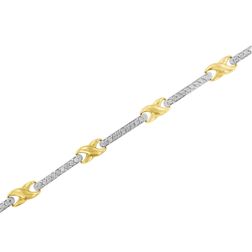 10K Yellow Gold 1.00 Carat Total Weight Pave Set Diamond Bar and X-Link 7" Bracelet (I-J Color, I3 Quality)
