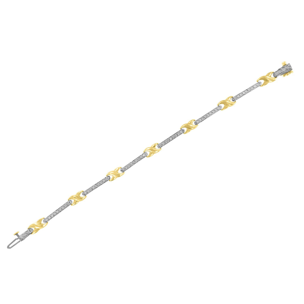 10K Yellow Gold 1.00 Carat Total Weight Pave Set Diamond Bar and X-Link 7" Bracelet (I-J Color, I3 Quality)