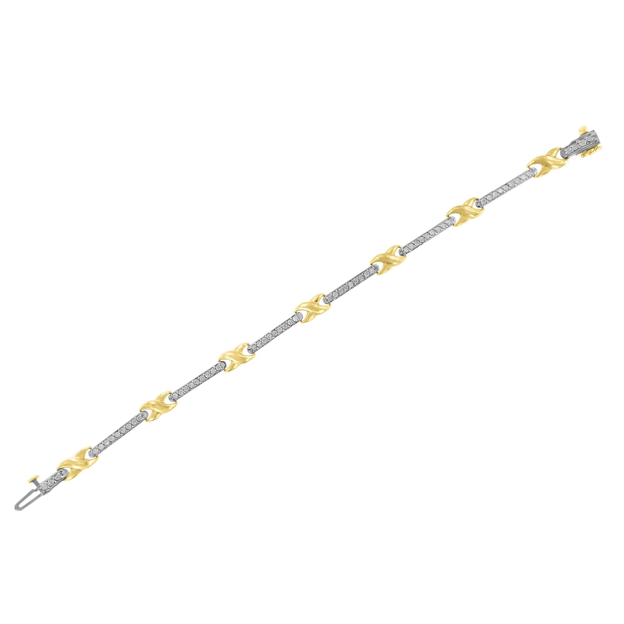 10K Yellow Gold 1.00 Carat Total Weight Pave Set Diamond Bar and X-Link 7" Bracelet (I-J Color, I3 Quality)