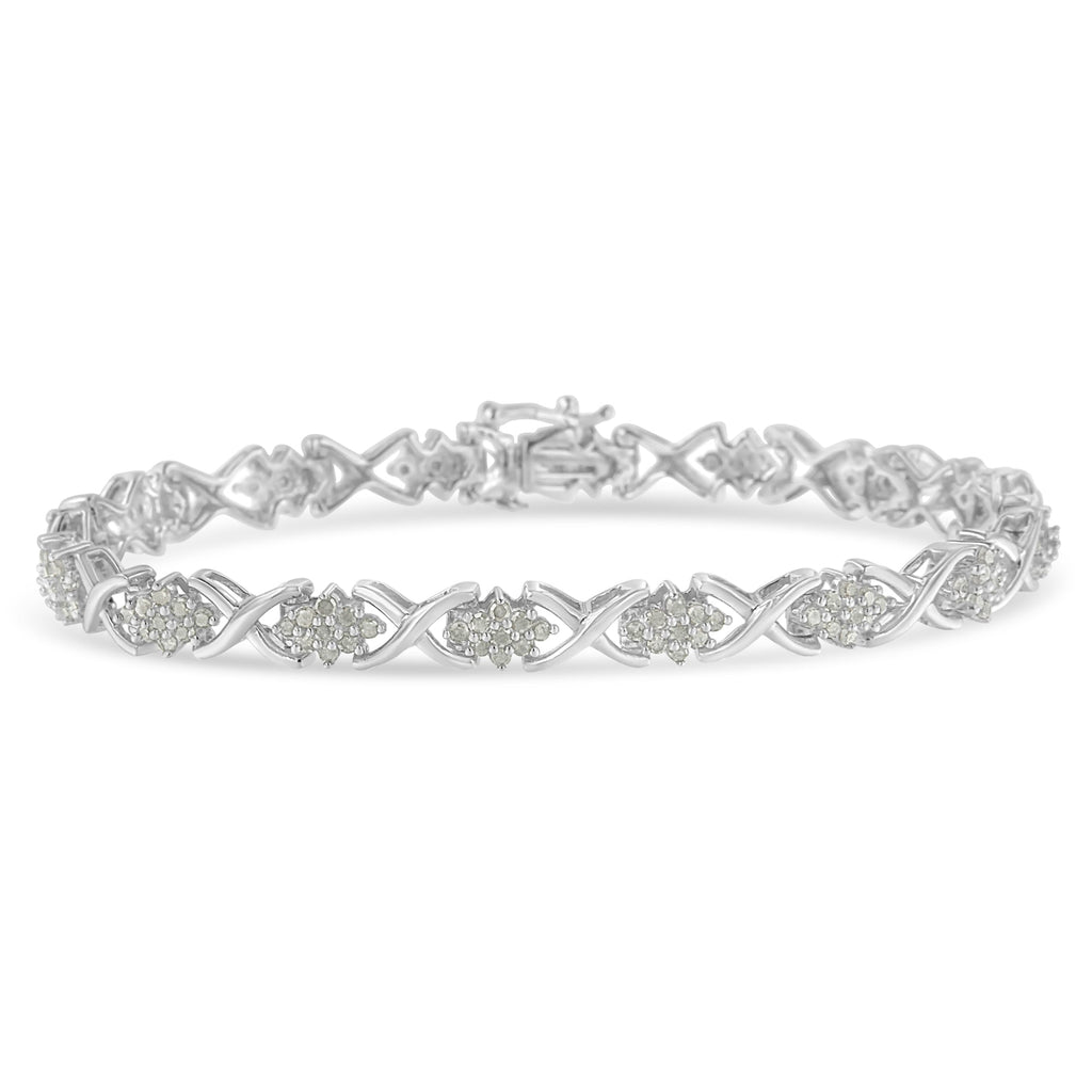 .925 Sterling Silver 1-1/2 Carat Total Weight Diamond Cluster X Link 7" Tennis Bracelet (I-J color, I3 clarity)