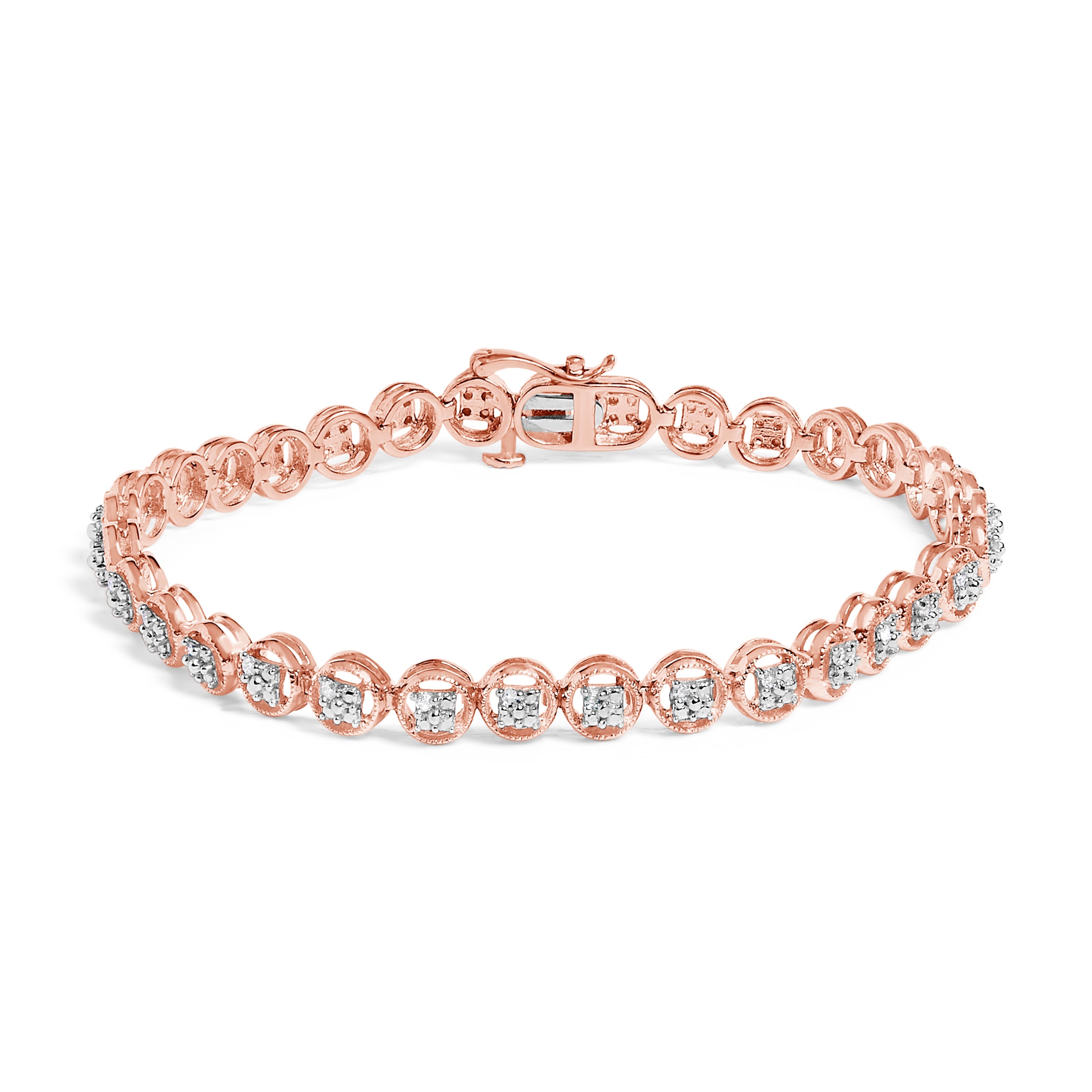 14K Yellow Gold Plated .925 Sterling Silver 1/10 Cttw Diamond Open Circle Beaded Wheel Link Tennis Bracelet (I-J Color, I3 Clarity) - 7.25"