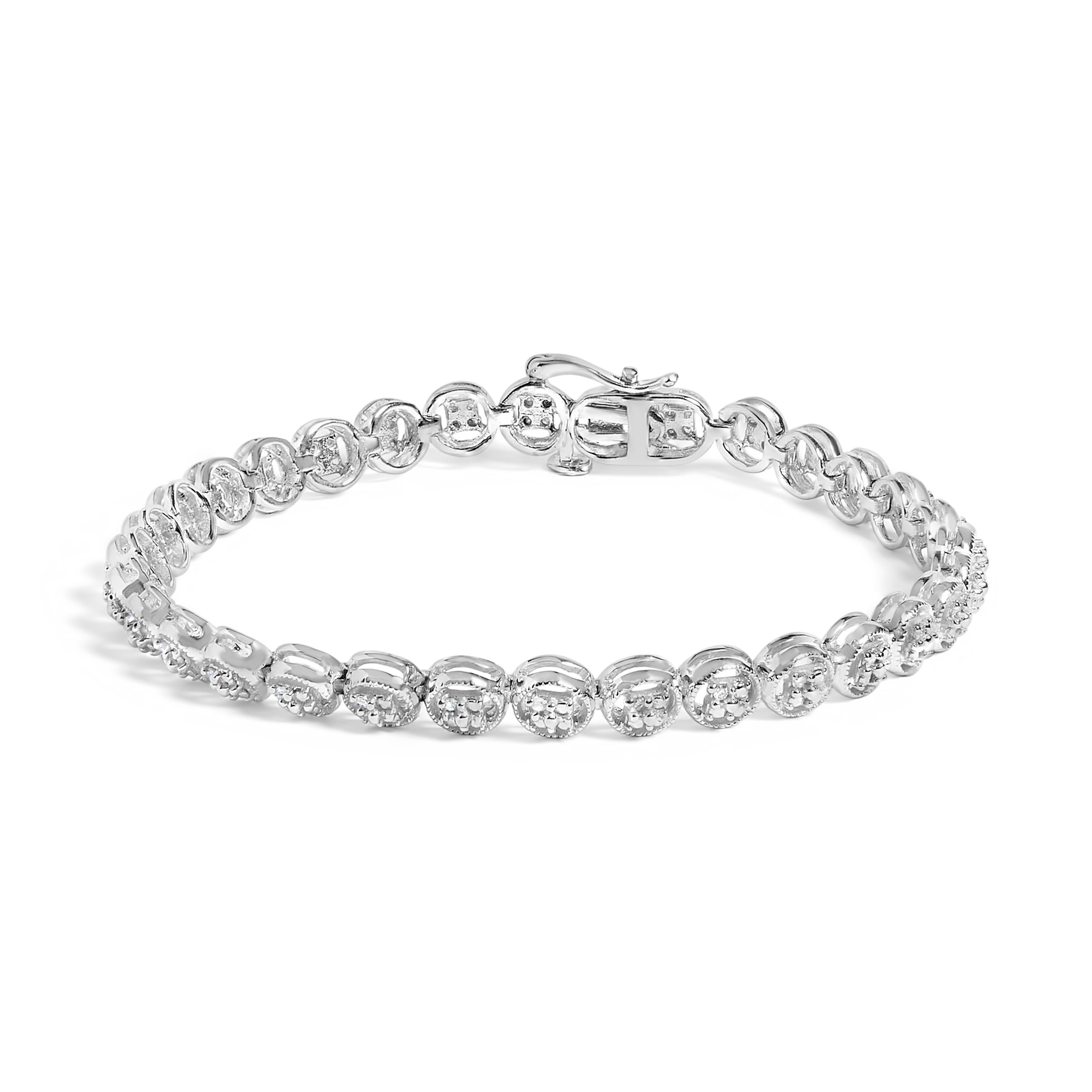 14K Yellow Gold Plated .925 Sterling Silver 1/10 Cttw Diamond Open Circle Beaded Wheel Link Tennis Bracelet (I-J Color, I3 Clarity) - 7.25"