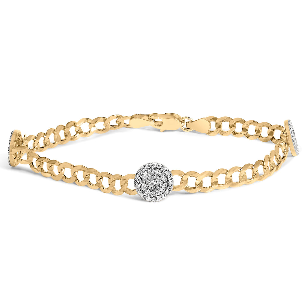14K Yellow Gold 5/8 Cttw Diamond Cluster Curb Chain Bracelet