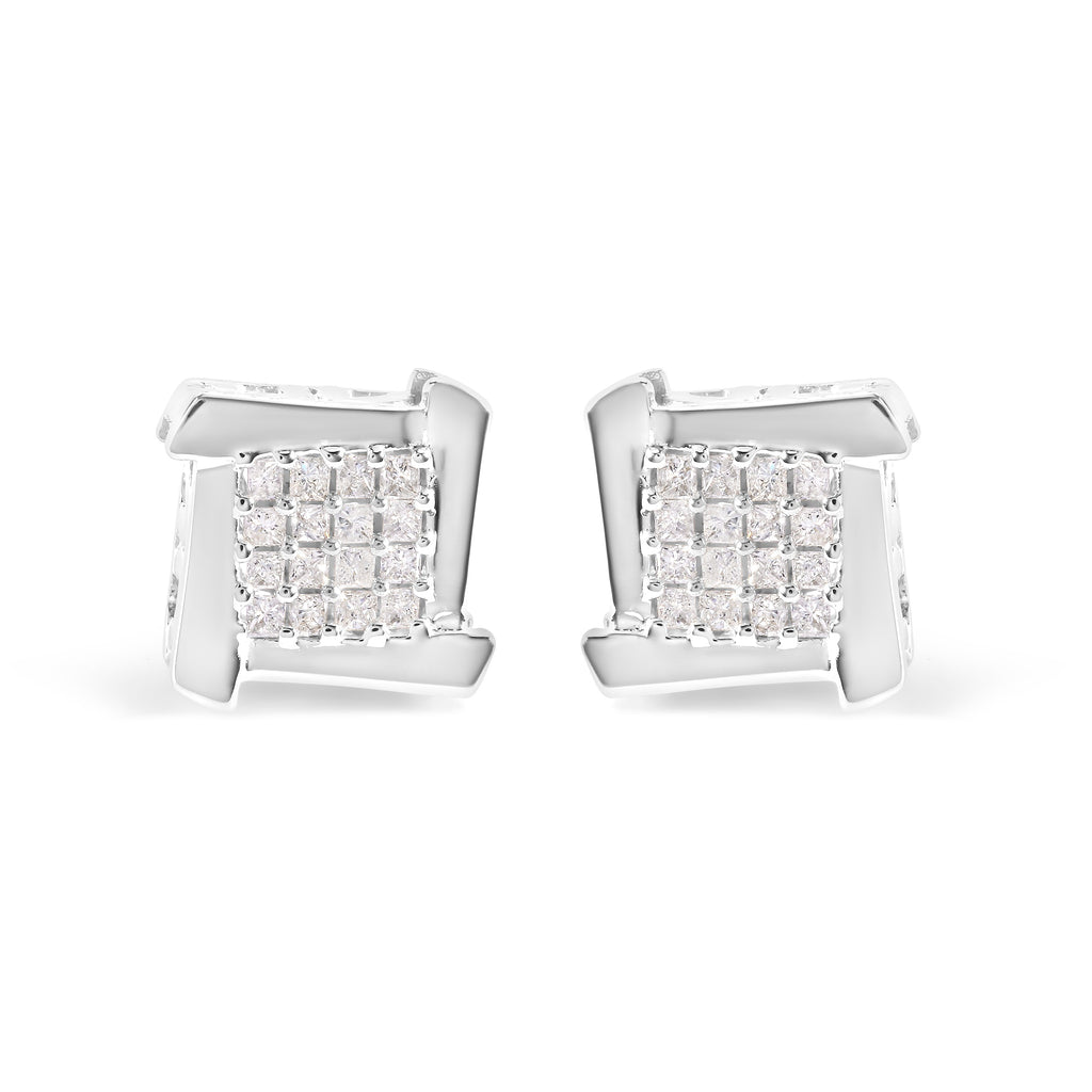 10K White Gold 1/2 Cttw Composite Princess Diamond Square and Swirl Stud Earrings (I-J Color, I1-I2 Clarity)