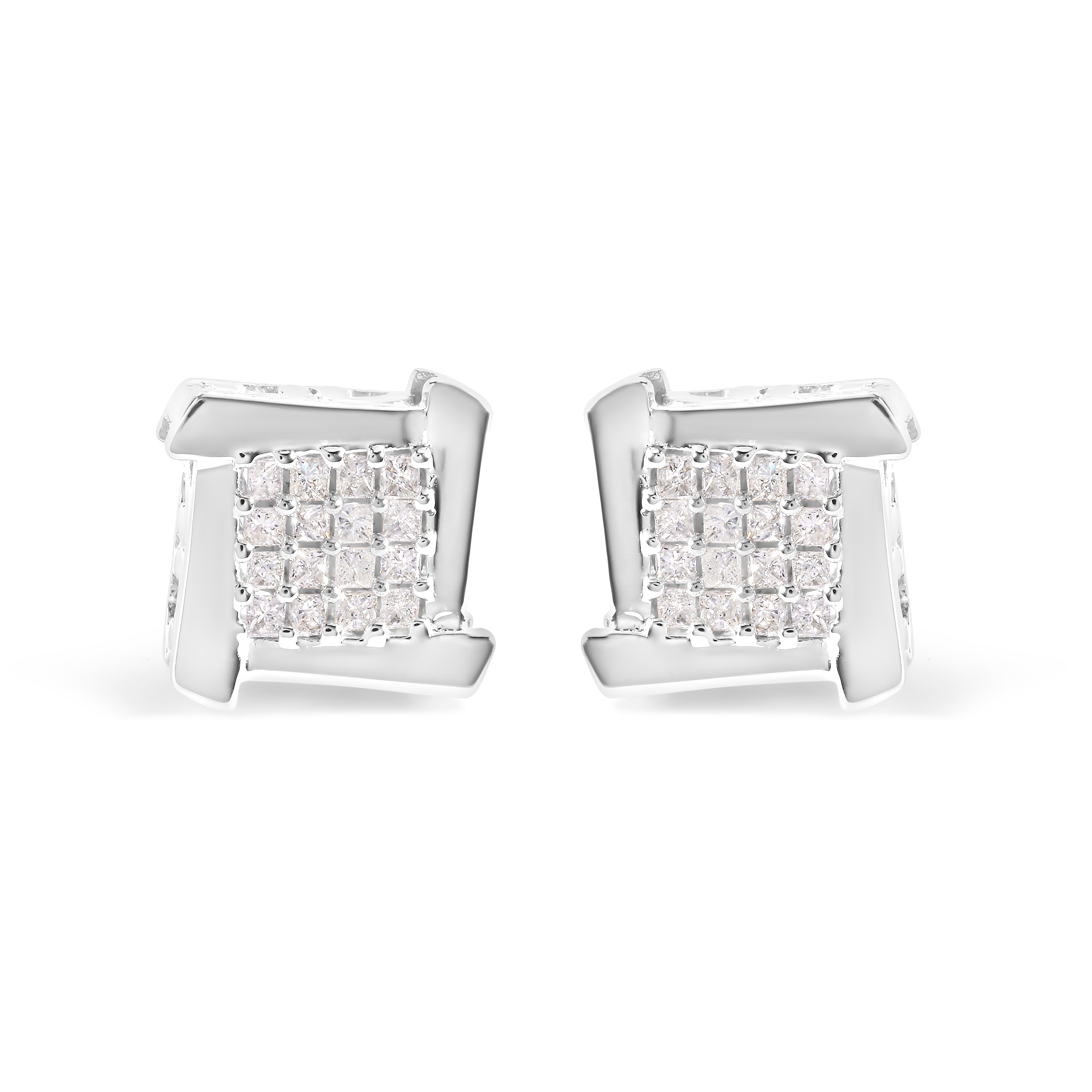 10K White Gold 1/2 Cttw Composite Princess Diamond Square and Swirl Stud Earrings (I-J Color, I1-I2 Clarity)