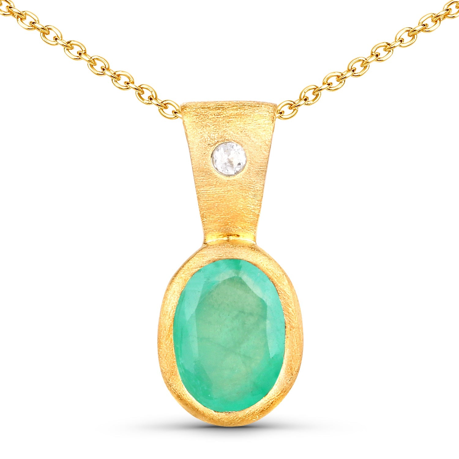 18K Yellow Gold Plated 0.67 Carat Genuine Emerald and White Topaz .925 Sterling Silver Pendant