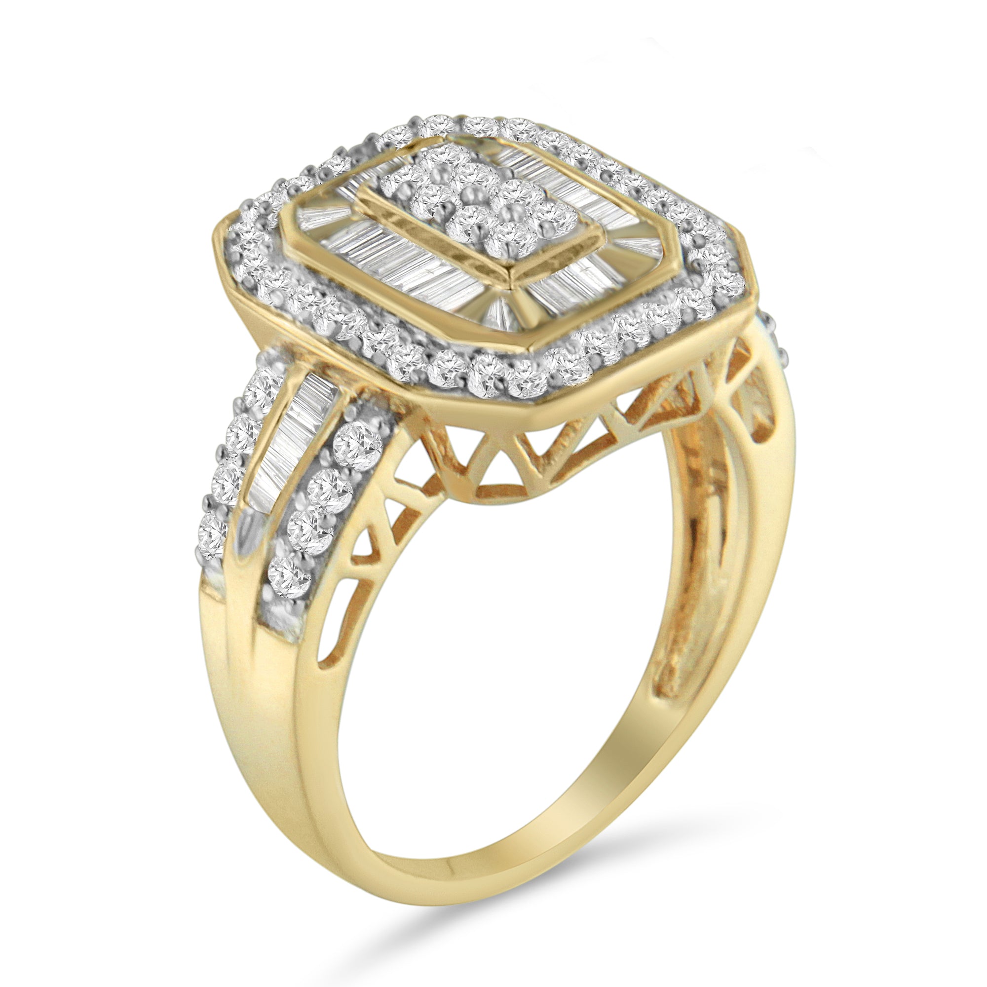 10K Yellow Gold 1.0 Cttw Diamond Vintage Inspired Baguette-Cut Double Halo Emerald-Shaped Frame Cocktail Ring (I-J Color, I1-I2 Clarity) - Size 6-1/2