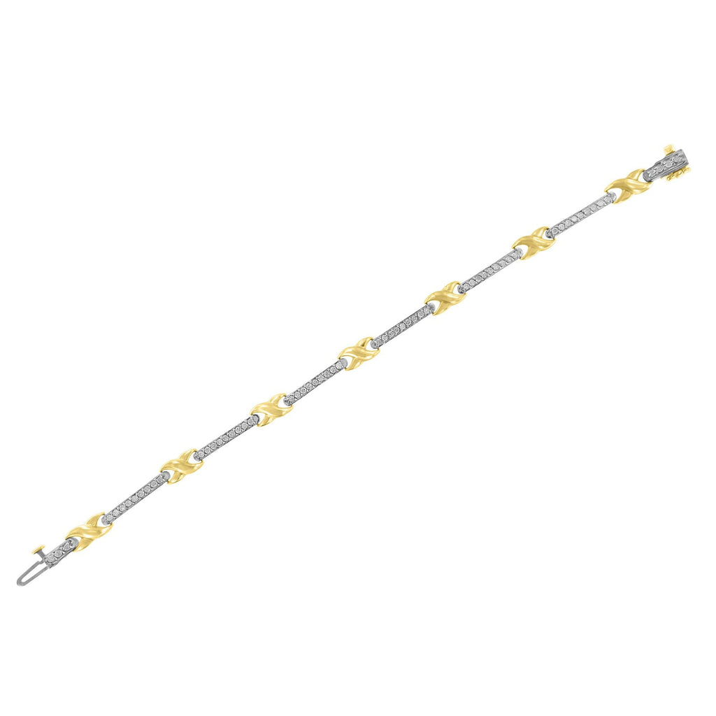 10K Yellow Gold 1.00 Carat Total Weight Pave Set Diamond Bar and X-Link 7" Bracelet (I-J Color, I3 Quality)