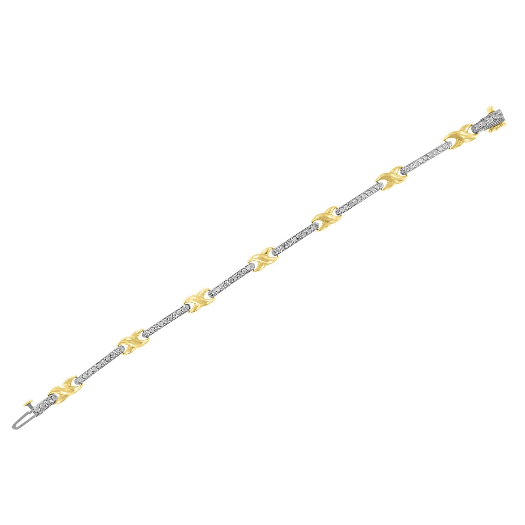 10K Yellow Gold 1.00 Carat Total Weight Pave Set Diamond Bar and X-Link 7" Bracelet (I-J Color, I3 Quality)