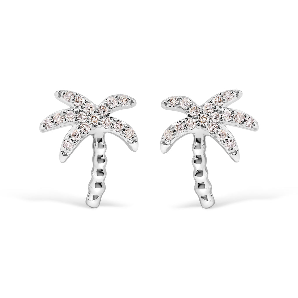10K White Gold 1/10 Cttw Diamond Encrusted Palm Tree Stud Earrings (H-I Color, I1-I2 Clarity)