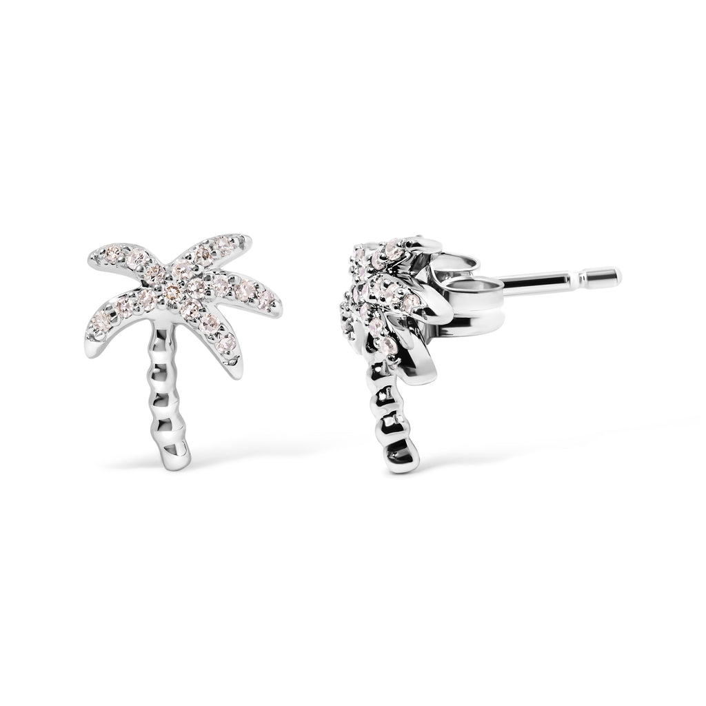 10K White Gold 1/10 Cttw Diamond Encrusted Palm Tree Stud Earrings (H-I Color, I1-I2 Clarity)