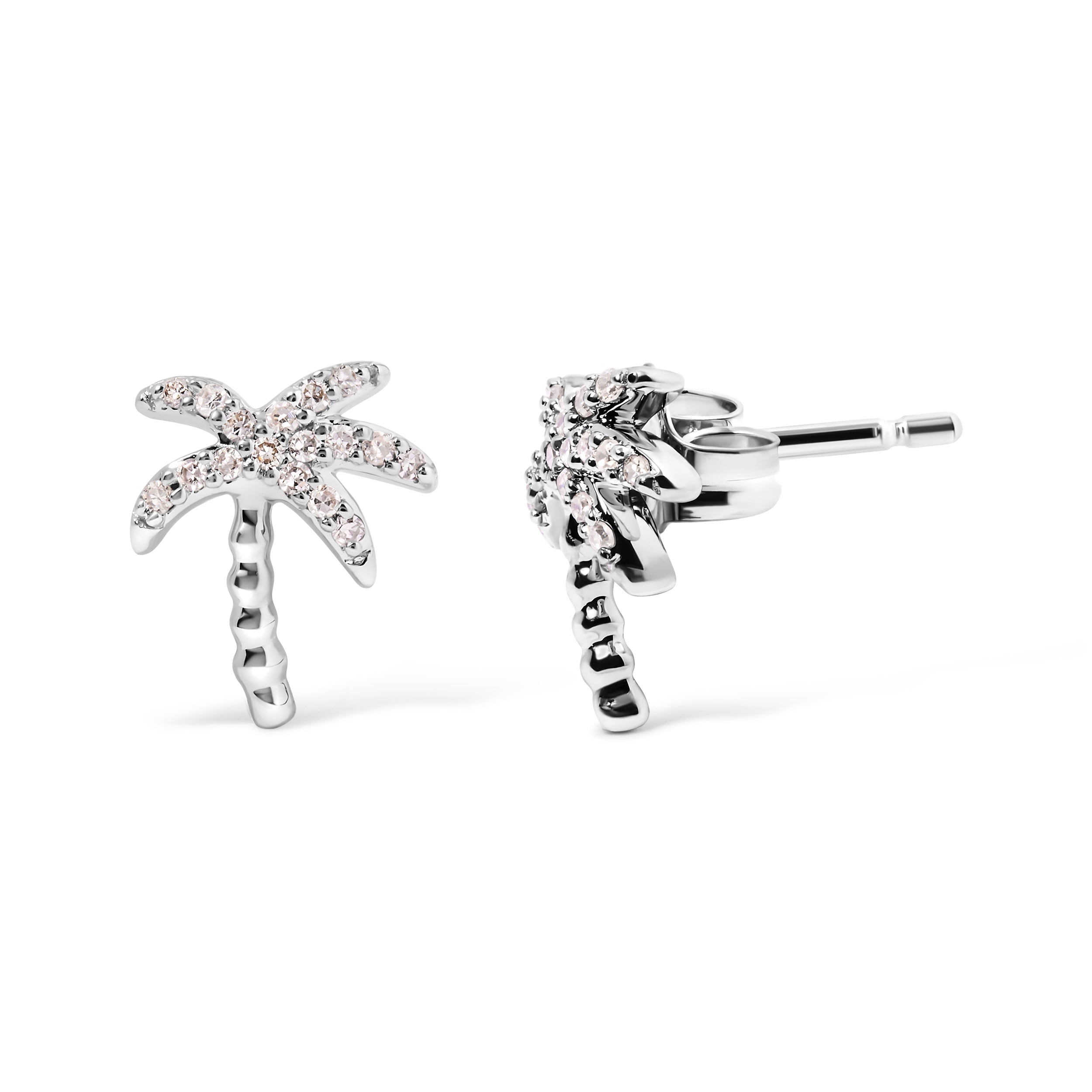 10K White Gold 1/10 Cttw Diamond Encrusted Palm Tree Stud Earrings (H-I Color, I1-I2 Clarity)