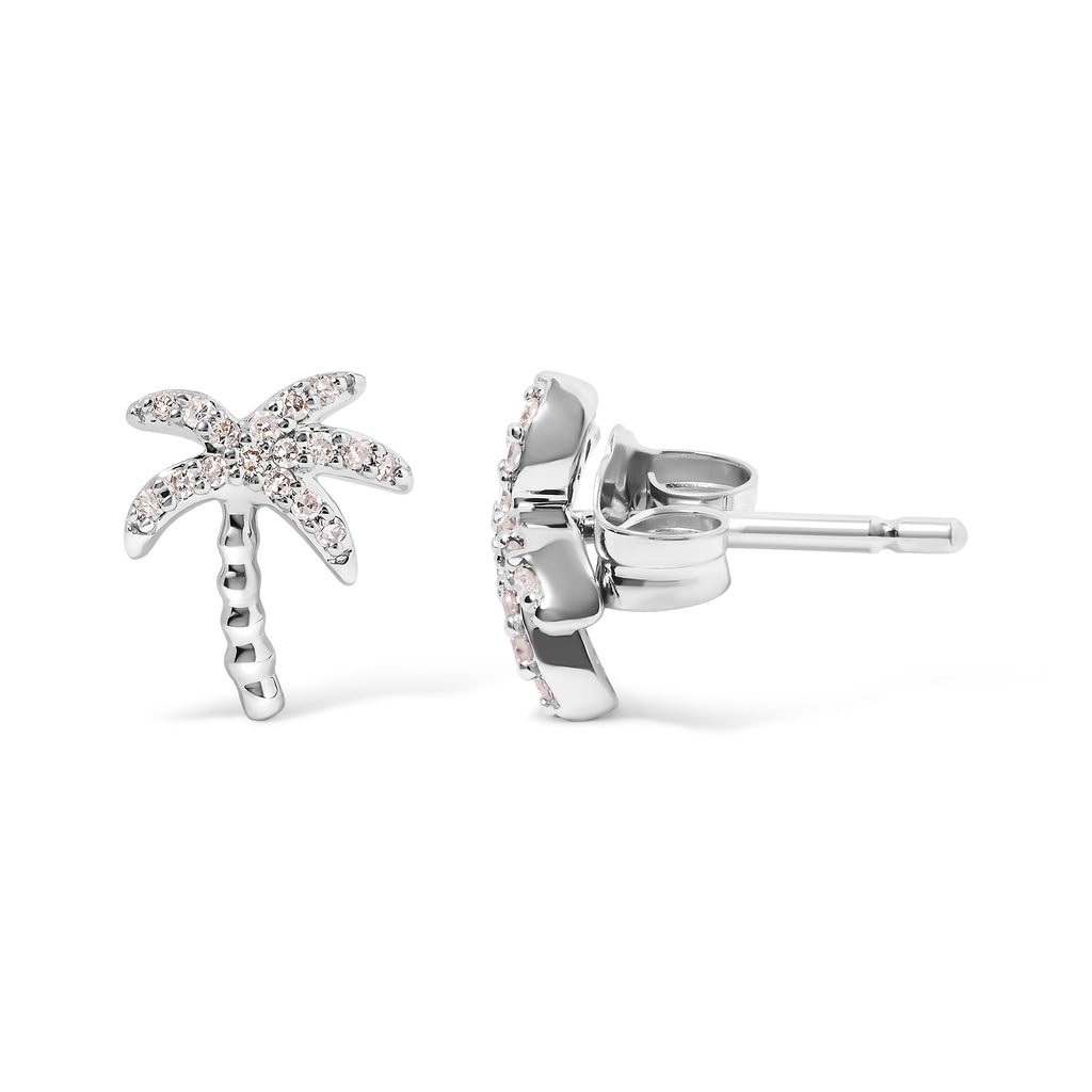 10K White Gold 1/10 Cttw Diamond Encrusted Palm Tree Stud Earrings (H-I Color, I1-I2 Clarity)