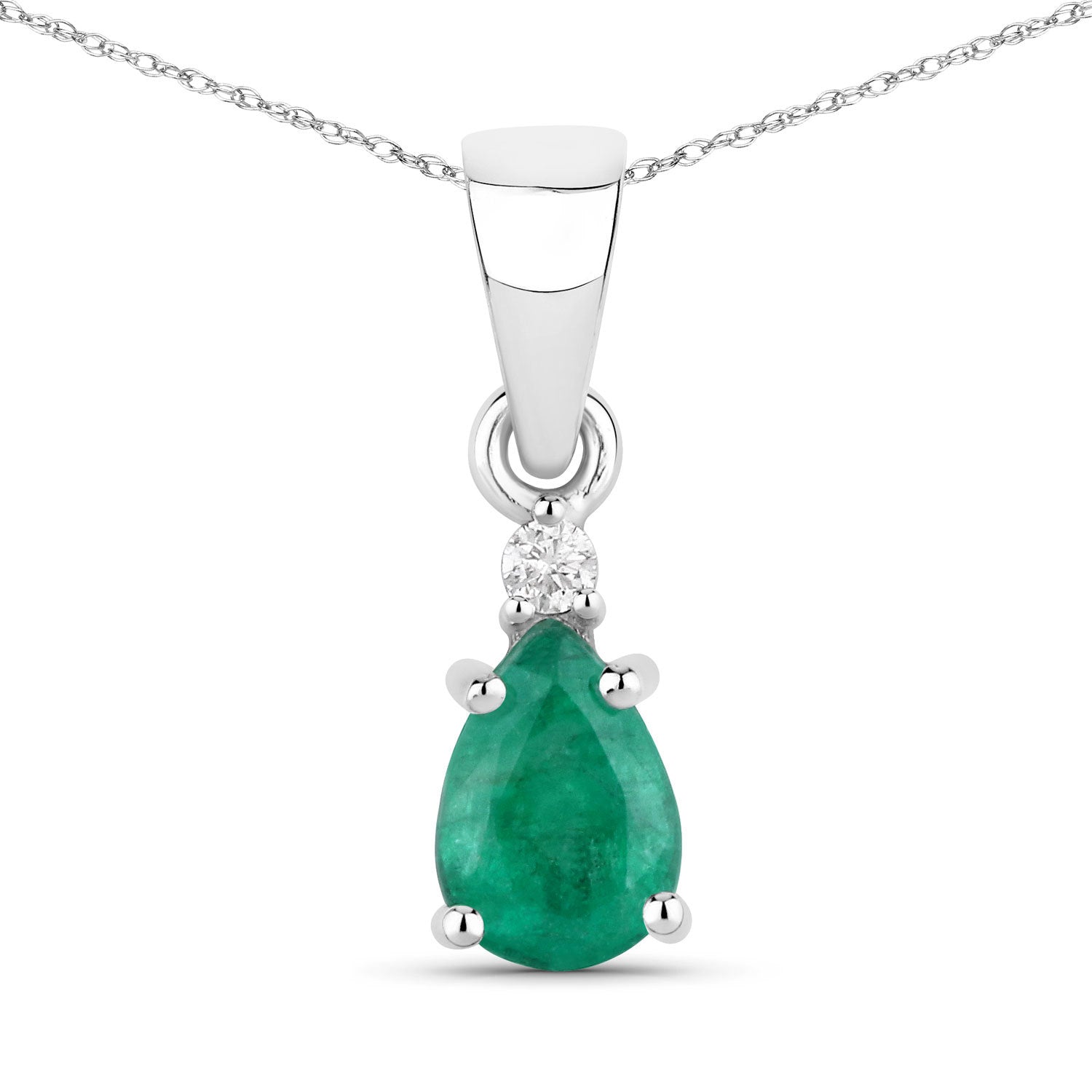 0.68 Carat Genuine Zambian Emerald and White Diamond 14K White Gold Pendant