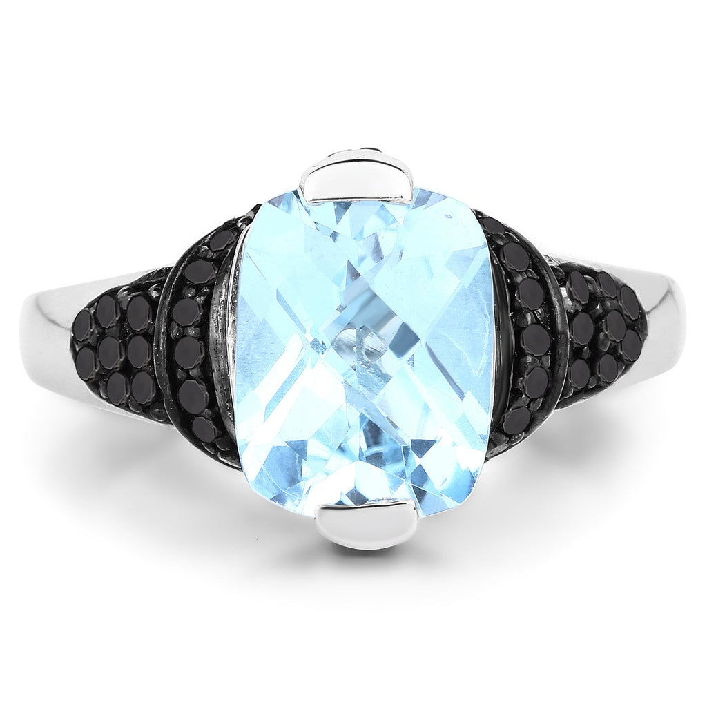 3.81 Carat Genuine Baby Swiss Blue Topaz, Black Diamond, and White Diamond .925 Sterling Silver Ring