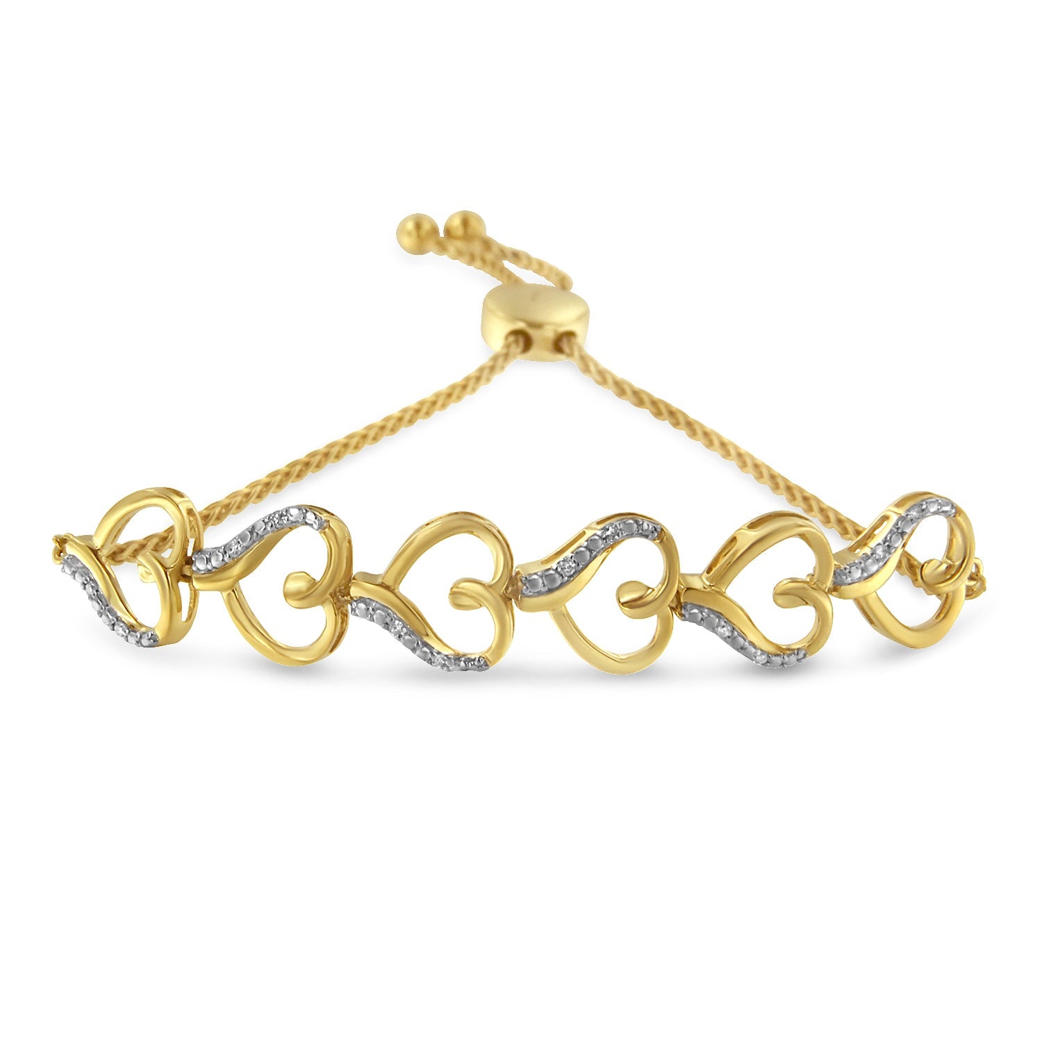 10K Yellow Gold over .925 Sterling Silver Diamond Accented Open Hearts 6"-9" Adjustable Chain Bolo Bracelet (H-I Color, I2-I3 Clarity)