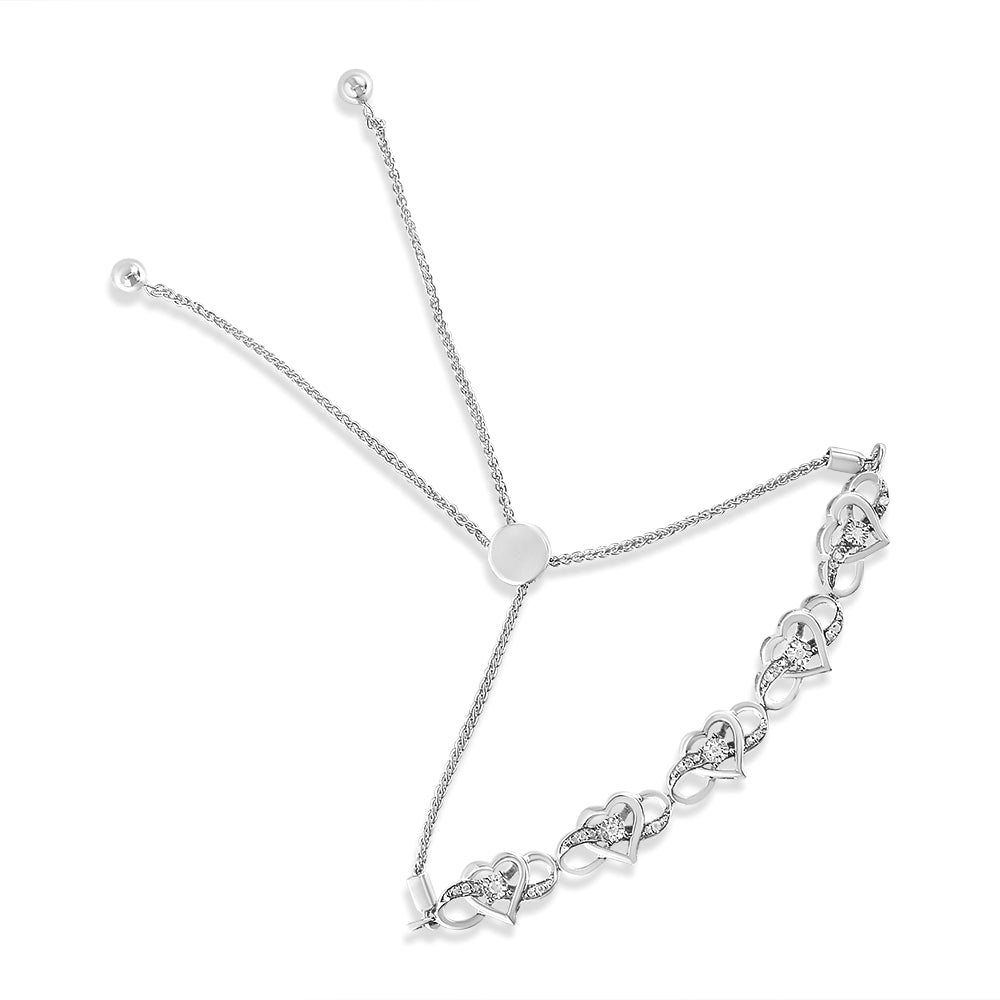.925 Sterling Silver Miracle Set Diamond Accented Infinity Hearts 6"-9" Adjustable Bolo Bracelet (H-I Color, I2-I3 Clarity)