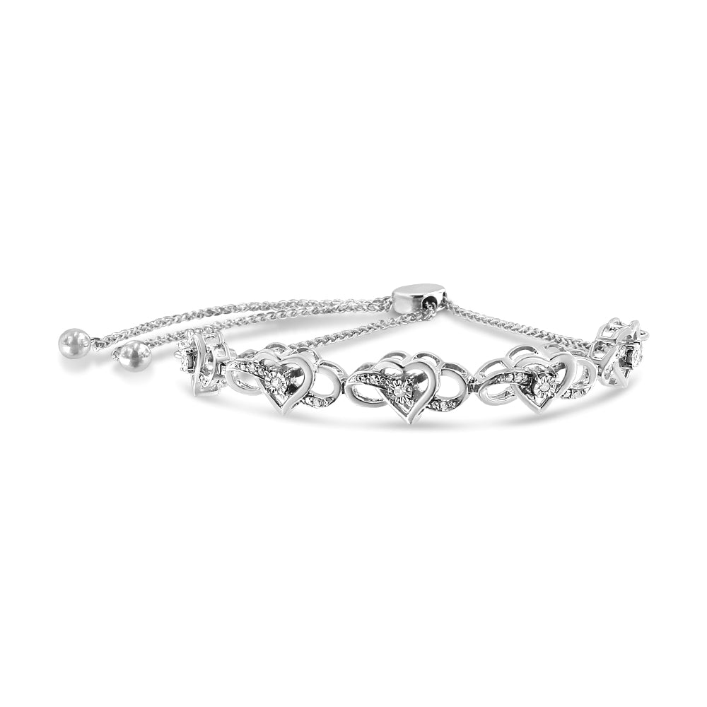 .925 Sterling Silver Miracle Set Diamond Accented Infinity Hearts 6"-9" Adjustable Bolo Bracelet (H-I Color, I2-I3 Clarity)