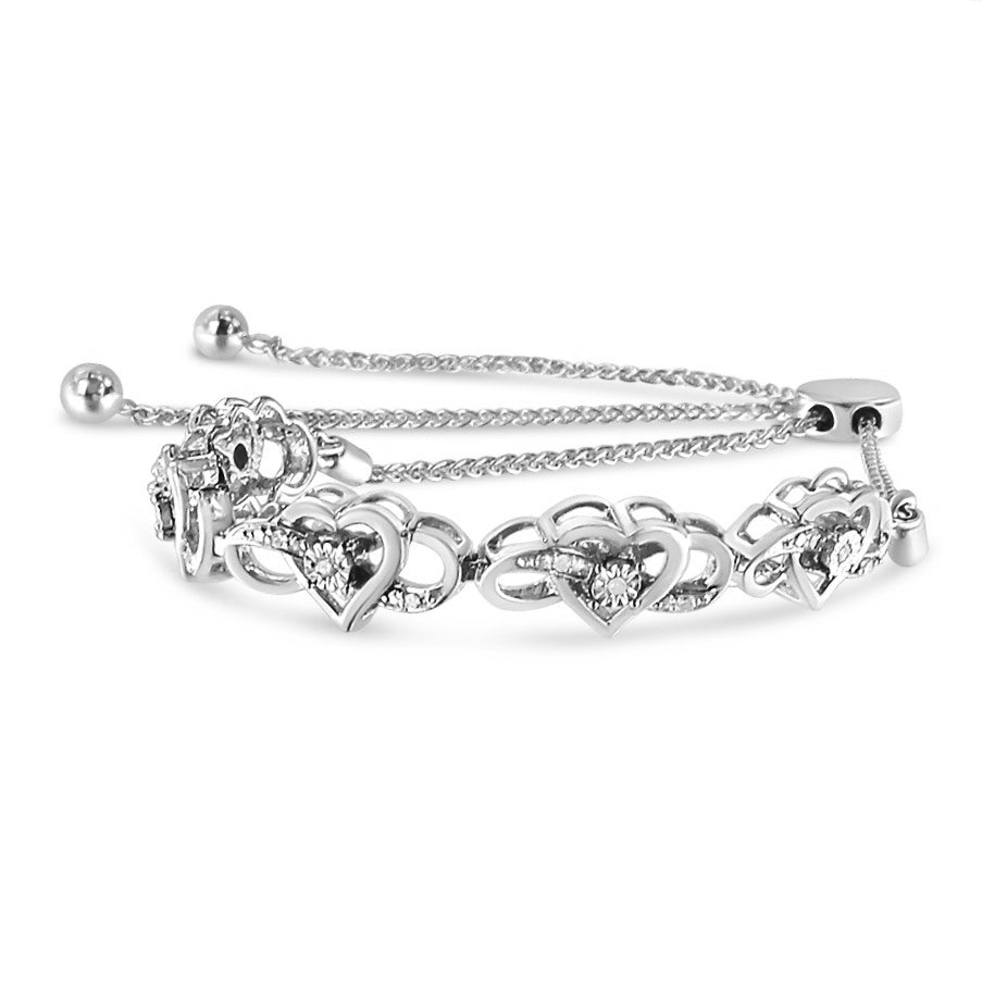.925 Sterling Silver Miracle Set Diamond Accented Infinity Hearts 6"-9" Adjustable Bolo Bracelet (H-I Color, I2-I3 Clarity)