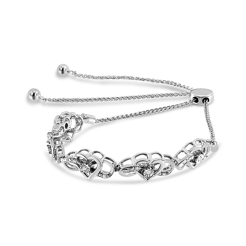 .925 Sterling Silver Miracle Set Diamond Accented Infinity Hearts 6"-9" Adjustable Bolo Bracelet (H-I Color, I2-I3 Clarity)