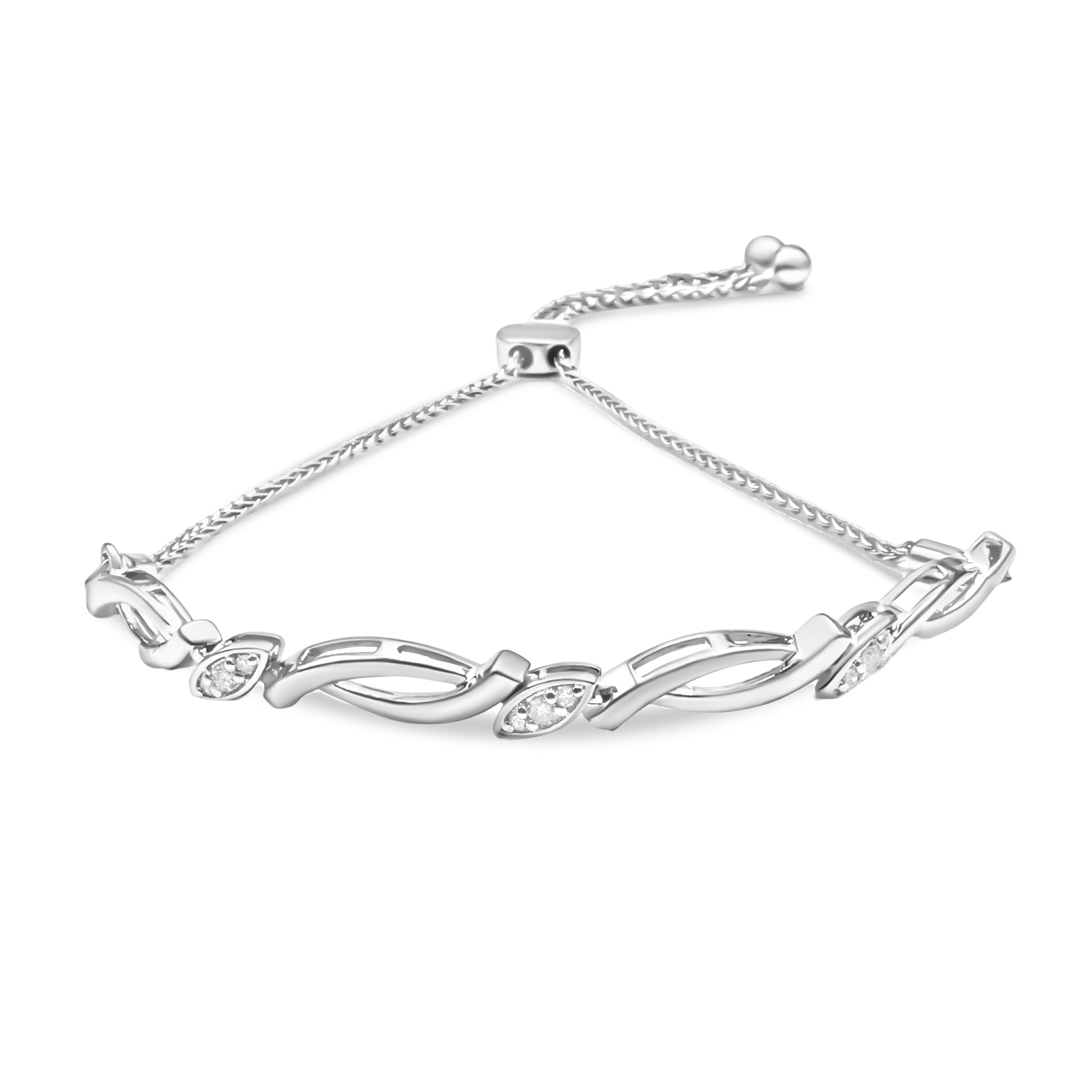14K Rose Gold Plated .925 Sterling Silver 1/10 Carat Total Weight Diamond Alternating Swirl Link Bolo Bracelet (I-J Color, I2-I3 Clarity) - 6" to 9" Adjustable