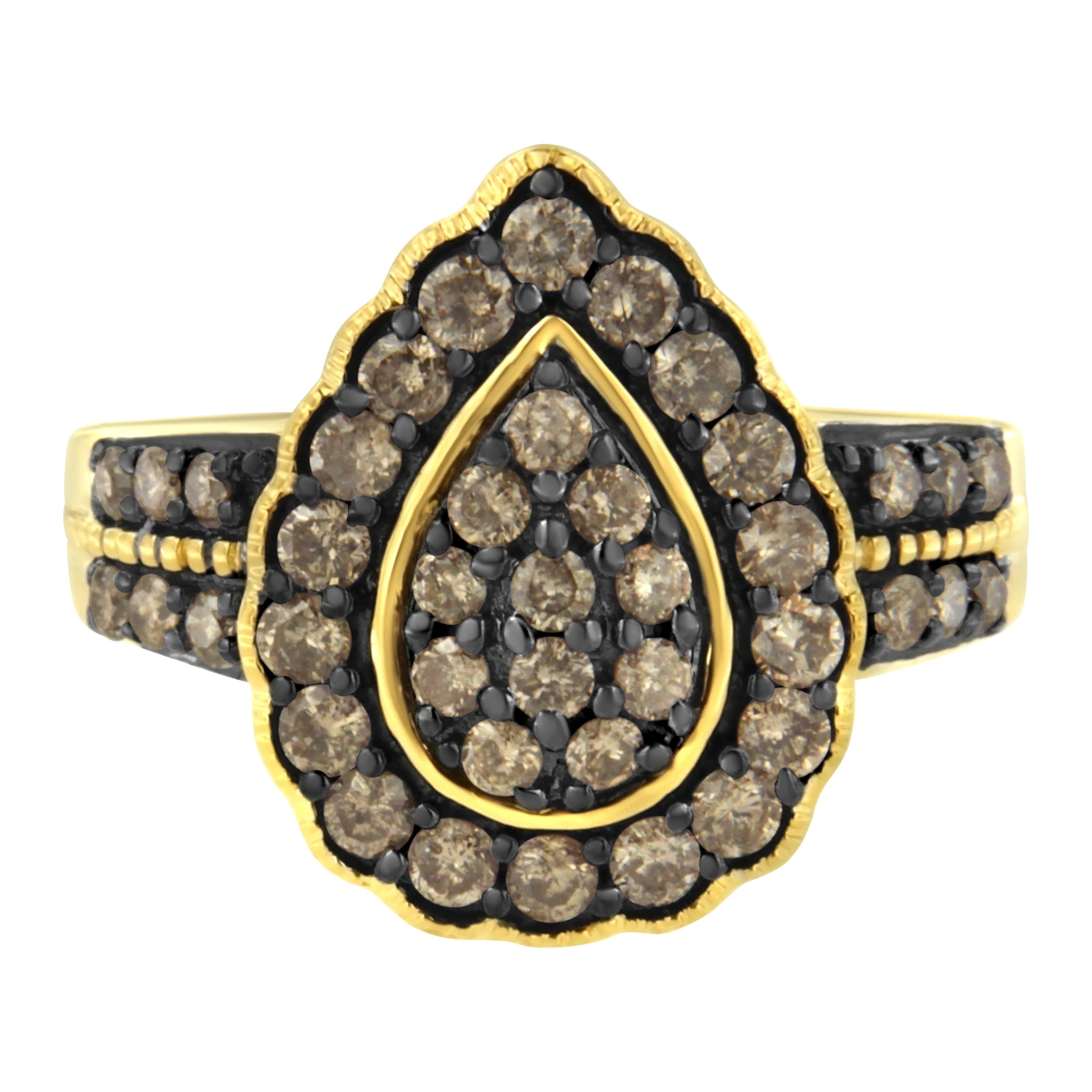 10K Yellow Gold Plated .925 Sterling Silver 1 1/8 cttw Prong-Set Round-Cut Diamond Pear Cocktail Ring (J-K Color, I1-I2 Clarity) - Size 7