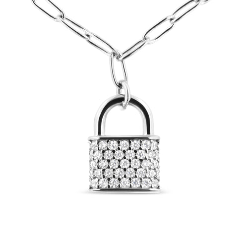 .925 Sterling Silver 1/4 Carat Total Weight Diamond Lock 18" Pendant Necklace with Paperclip Chain (H-I Color, SI2-I1 Clarity)